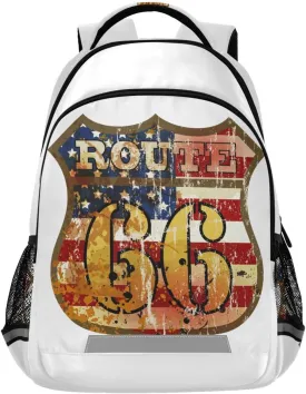 American Flag Route 66 Sign Large School Backpacks with Chest Strap for Boys Girls Students,Lightweight Bookbags 17 Inch, Portable Casual Daypack Bags