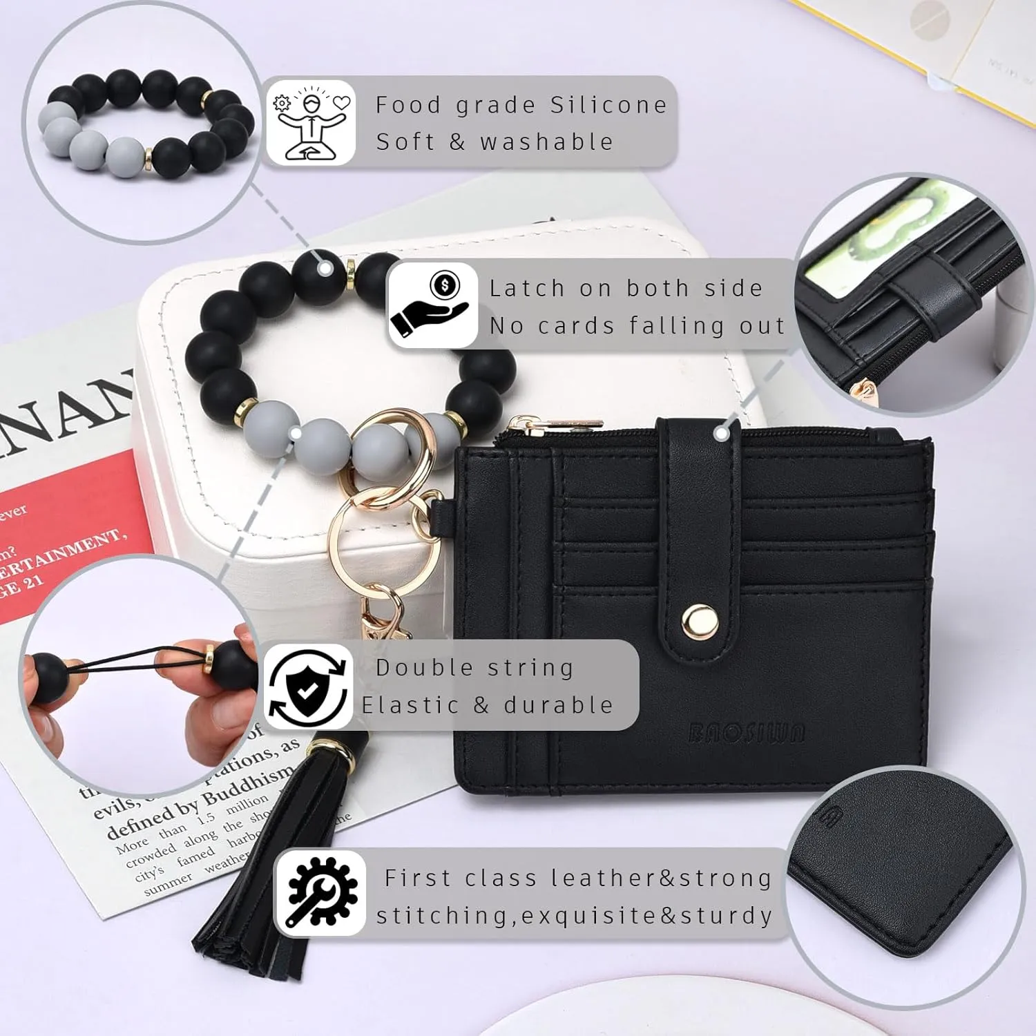 BAOSIWA Silicone Bracelet Keychain Wallet for Women Wristlet Card Holder Slim RFID Wallet with Zipper Pocket