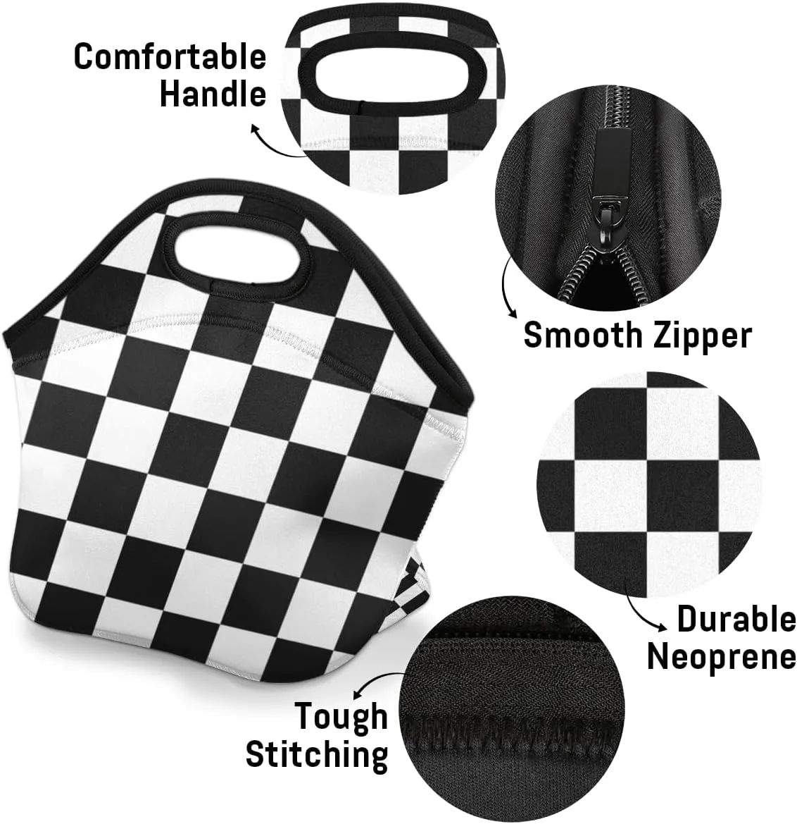 Black and White Grid Neoprene Small Lunch Bags Insulated Lunch Box for Women Men Girls Boy Lightweight Soft Lunch Tote Handbag for School Work Office Mini Cooler Thermal Meal Prep Bags