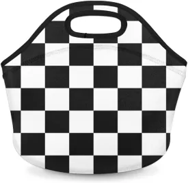 Black and White Grid Neoprene Small Lunch Bags Insulated Lunch Box for Women Men Girls Boy Lightweight Soft Lunch Tote Handbag for School Work Office Mini Cooler Thermal Meal Prep Bags