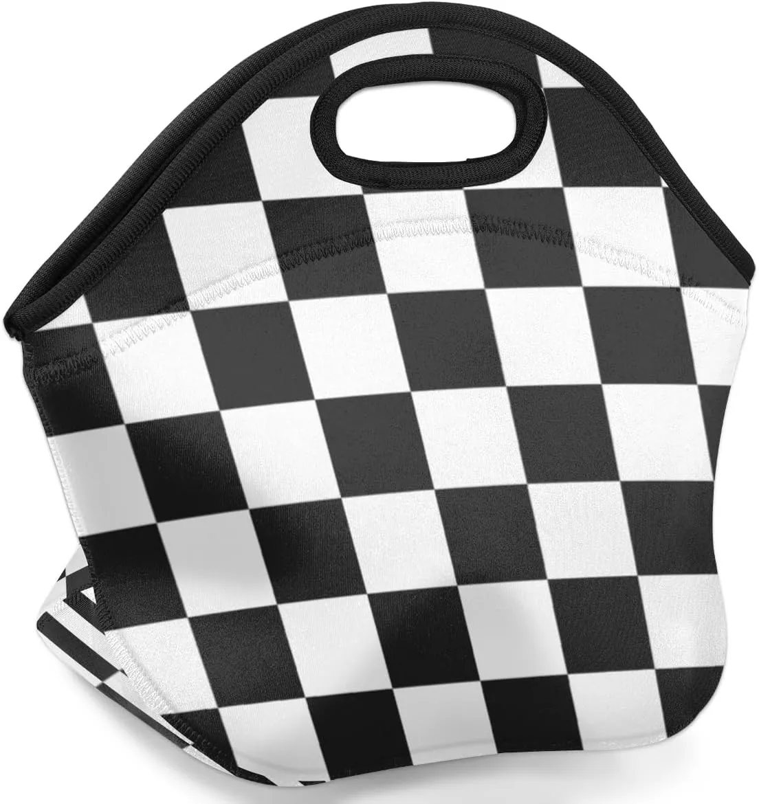 Black and White Grid Neoprene Small Lunch Bags Insulated Lunch Box for Women Men Girls Boy Lightweight Soft Lunch Tote Handbag for School Work Office Mini Cooler Thermal Meal Prep Bags