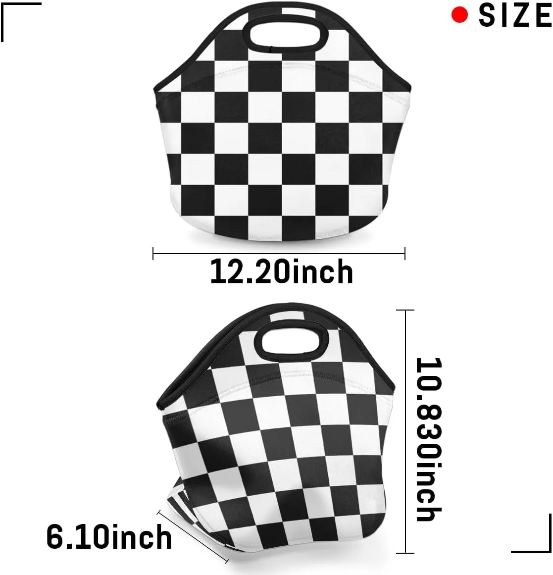Black and White Grid Neoprene Small Lunch Bags Insulated Lunch Box for Women Men Girls Boy Lightweight Soft Lunch Tote Handbag for School Work Office Mini Cooler Thermal Meal Prep Bags