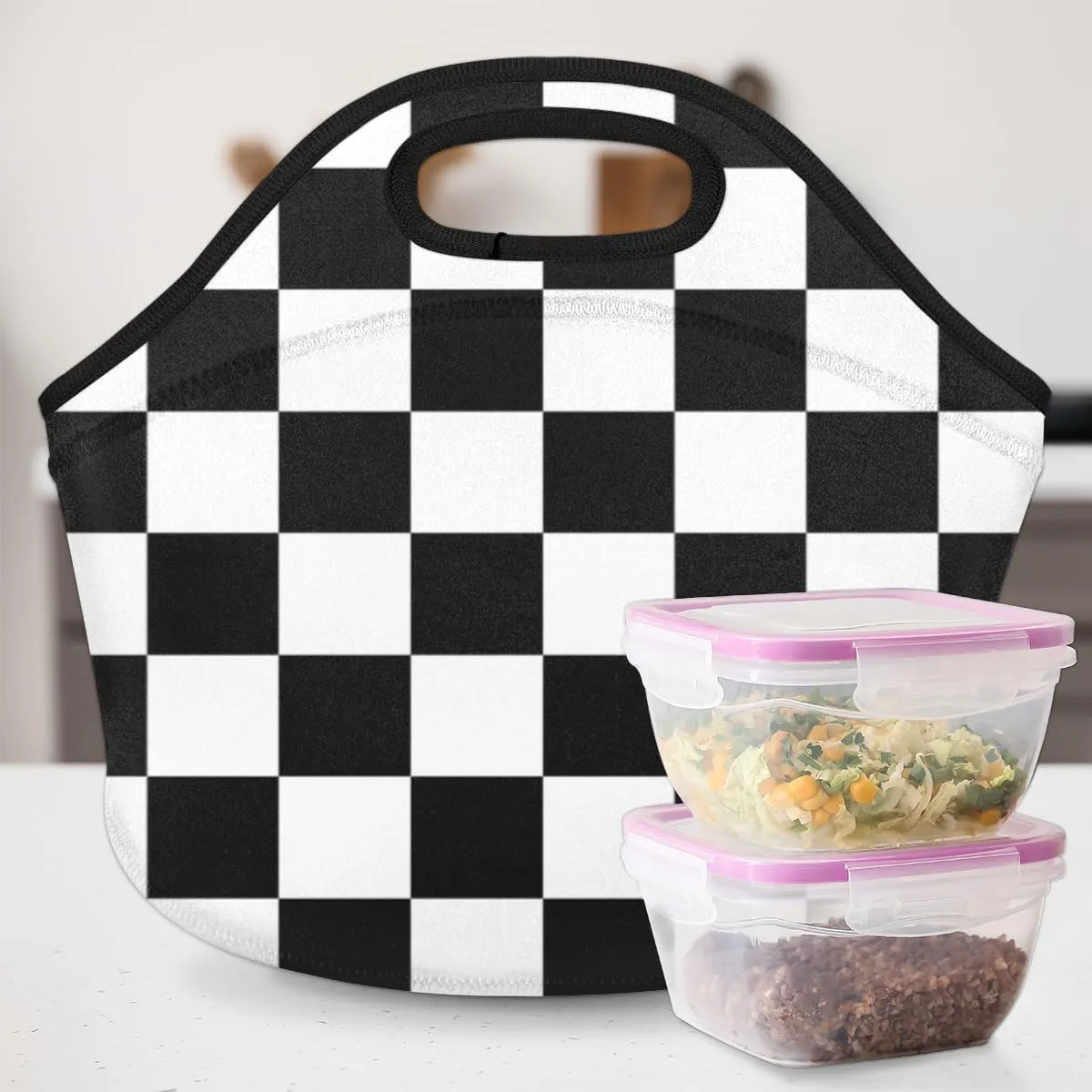 Black and White Grid Neoprene Small Lunch Bags Insulated Lunch Box for Women Men Girls Boy Lightweight Soft Lunch Tote Handbag for School Work Office Mini Cooler Thermal Meal Prep Bags