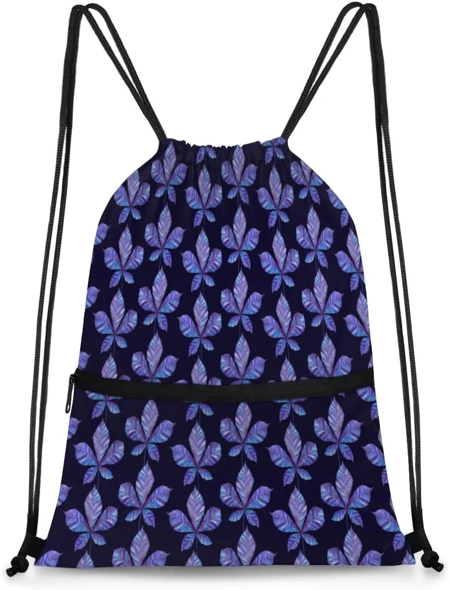 Blue Horse Chestnut Leaf Drawstring Backpack Waterproofing Drawstring Bags with Zip Sport String Bag Lightweight for Gym Camping Sport Hiking