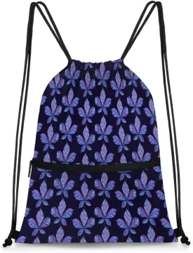 Blue Horse Chestnut Leaf Drawstring Backpack Waterproofing Drawstring Bags with Zip Sport String Bag Lightweight for Gym Camping Sport Hiking