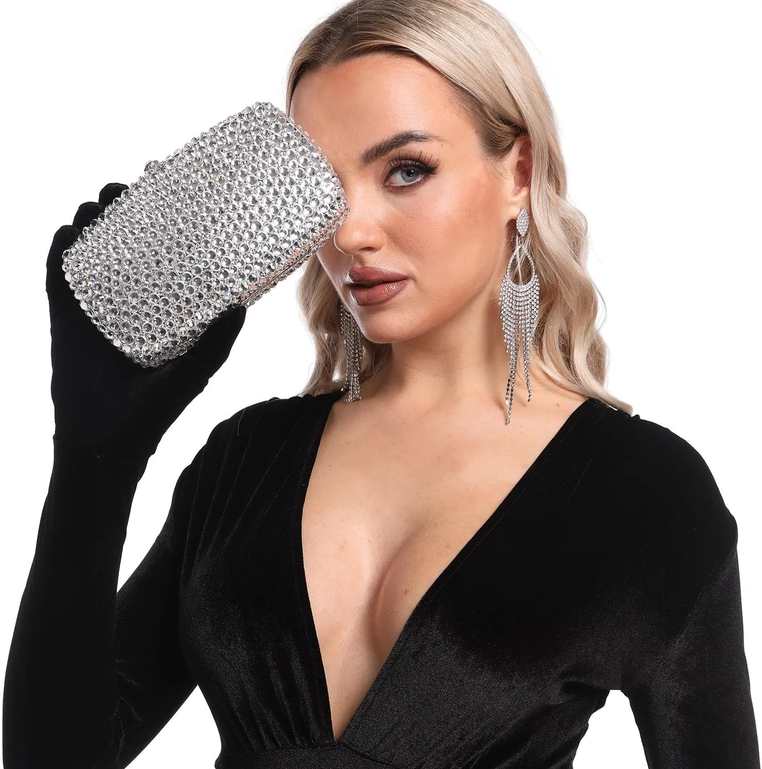 Boutique De FGG Rhinestone Clutch Bag with Spikes Bling Evening Handbags Crystal Clutch Purses for Women Wedding Party,Mini