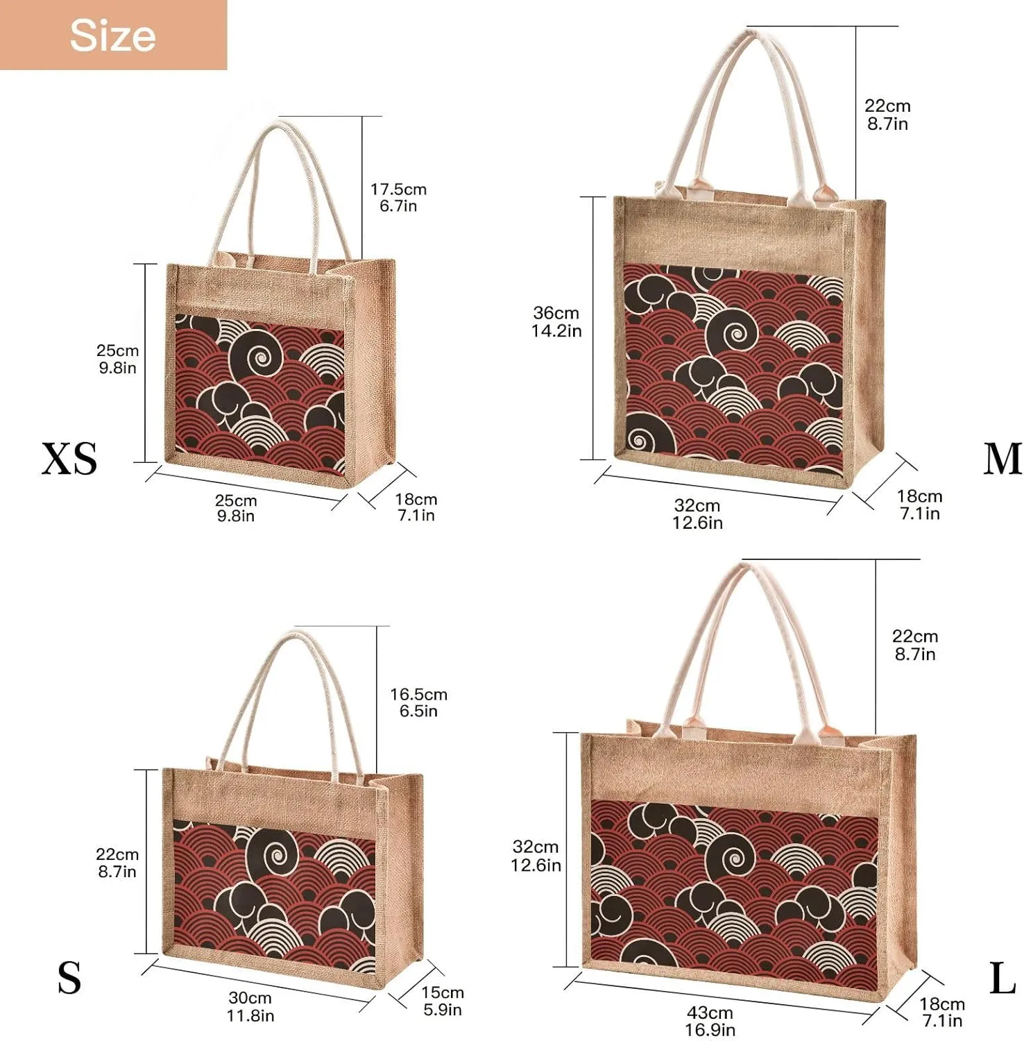Burlap Tote Bags Beach Jute handbag For Women Top Handles Zipper Closure Sturdy Lining 4 Size Pattern 1