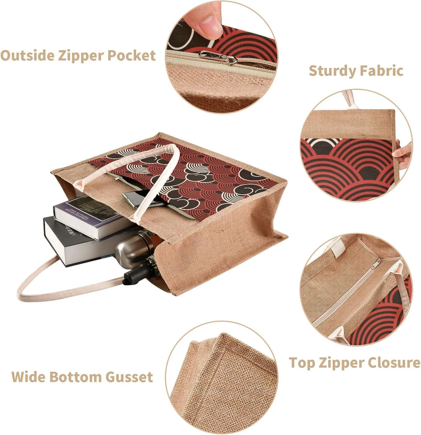 Burlap Tote Bags Beach Jute handbag For Women Top Handles Zipper Closure Sturdy Lining 4 Size Pattern 1