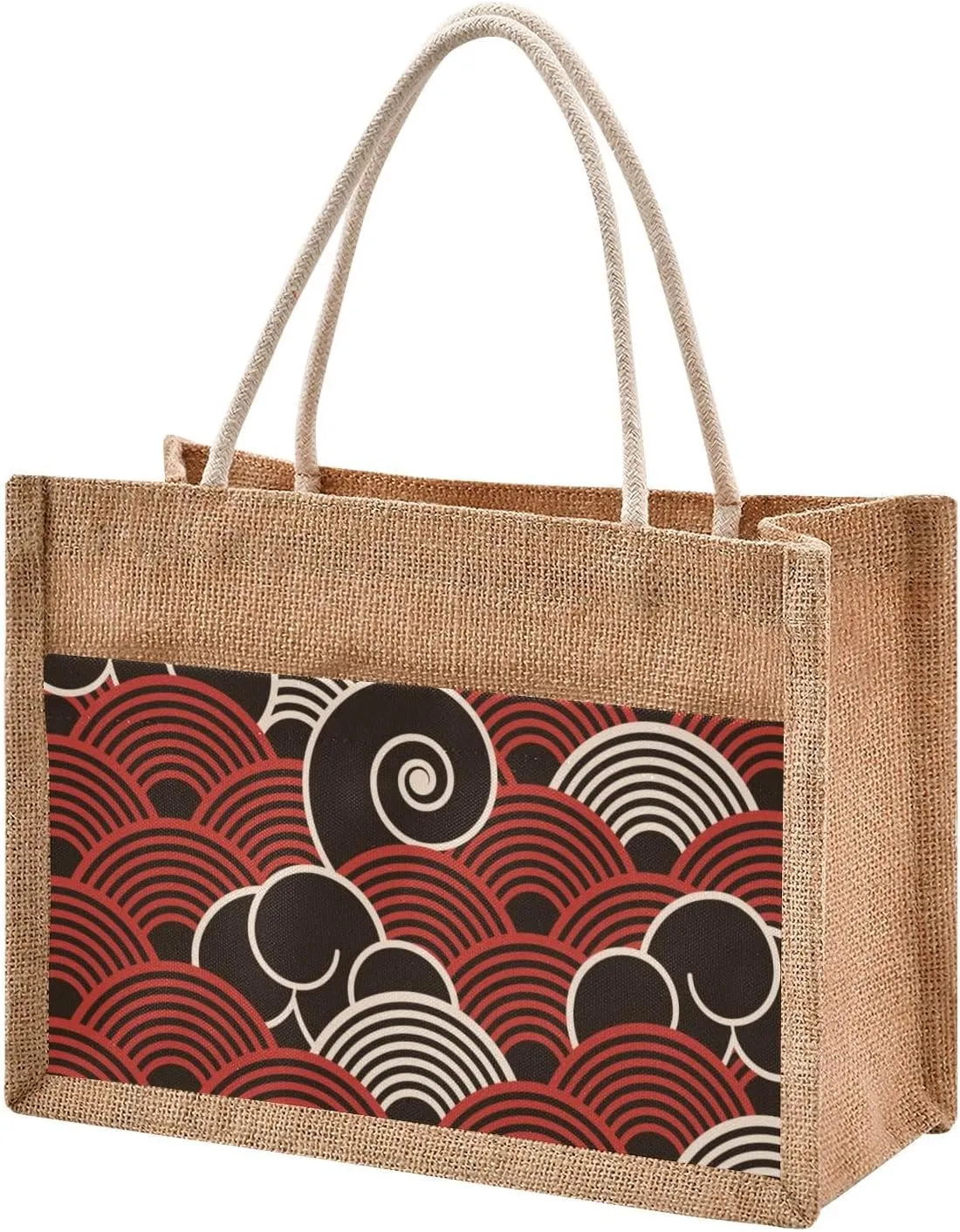 Burlap Tote Bags Beach Jute handbag For Women Top Handles Zipper Closure Sturdy Lining 4 Size Pattern 1