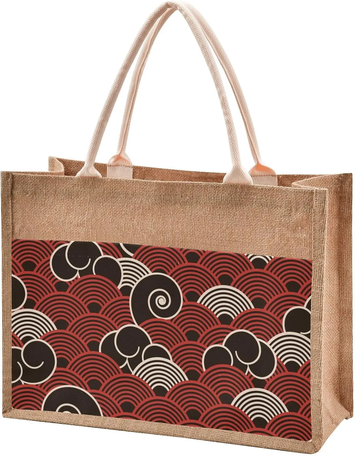 Burlap Tote Bags Beach Jute handbag For Women Top Handles Zipper Closure Sturdy Lining 4 Size Pattern 1