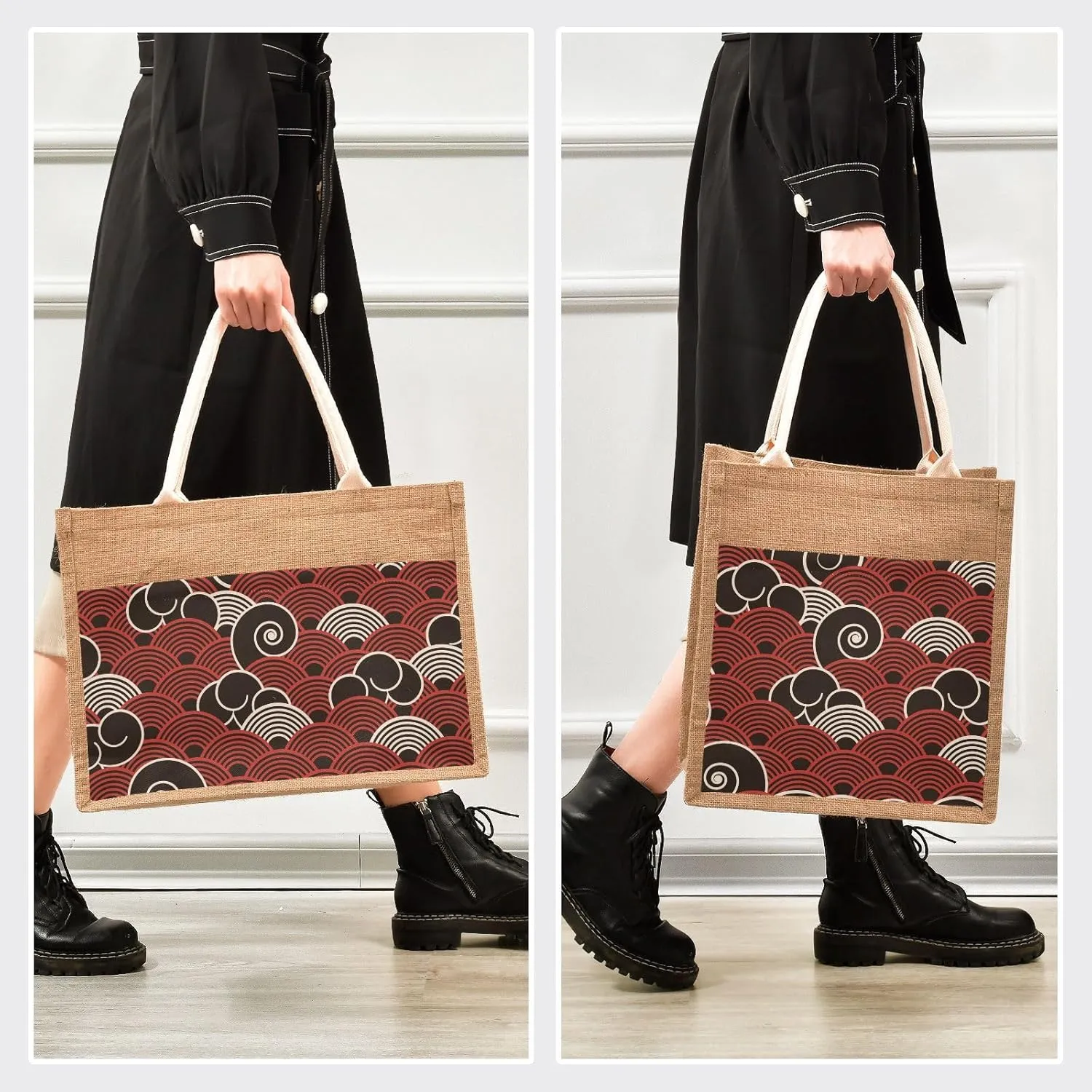 Burlap Tote Bags Beach Jute handbag For Women Top Handles Zipper Closure Sturdy Lining 4 Size Pattern 1