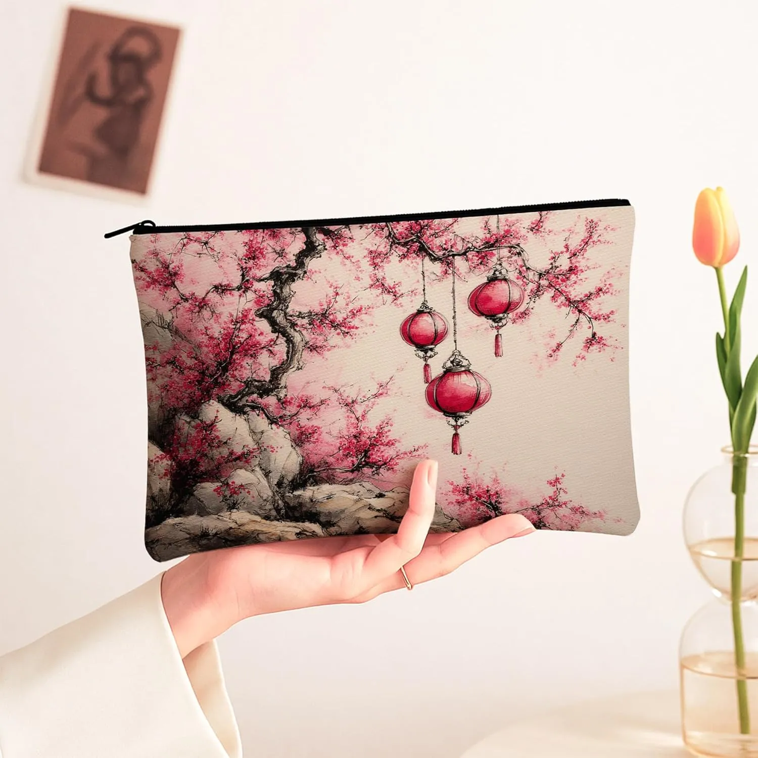 Cherries Blossom Cosmetic Bag, Red Lanterns Asian Art Makeup Travel Pouch for Women, Portable Small Canvas Zipper Organizer, Spring Festival Gift Toiletry Bag 7x9 Inch