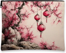 Cherries Blossom Cosmetic Bag, Red Lanterns Asian Art Makeup Travel Pouch for Women, Portable Small Canvas Zipper Organizer, Spring Festival Gift Toiletry Bag 7x9 Inch
