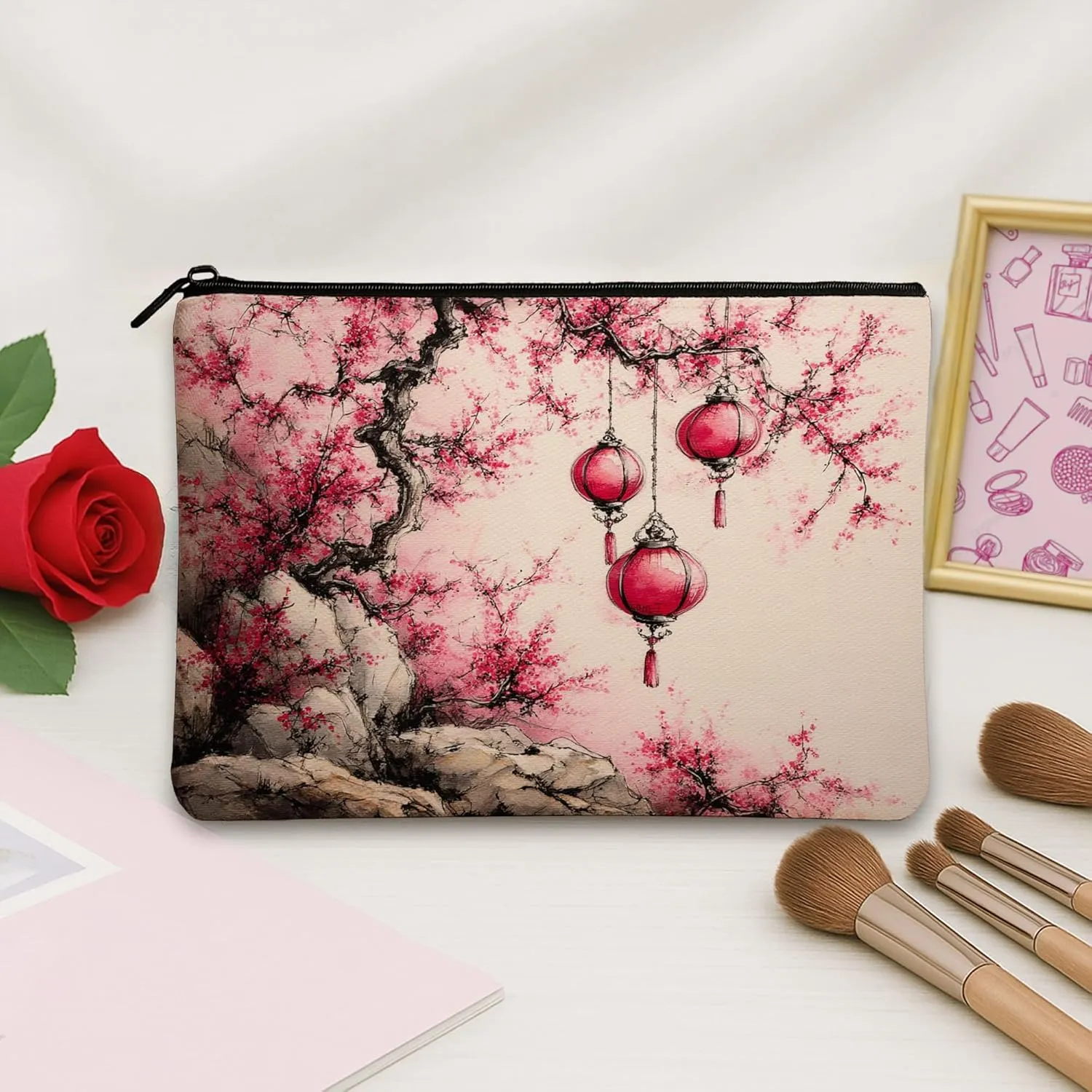 Cherries Blossom Cosmetic Bag, Red Lanterns Asian Art Makeup Travel Pouch for Women, Portable Small Canvas Zipper Organizer, Spring Festival Gift Toiletry Bag 7x9 Inch