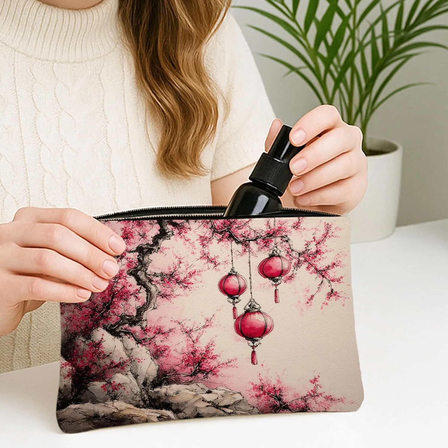 Cherries Blossom Cosmetic Bag, Red Lanterns Asian Art Makeup Travel Pouch for Women, Portable Small Canvas Zipper Organizer, Spring Festival Gift Toiletry Bag 7x9 Inch