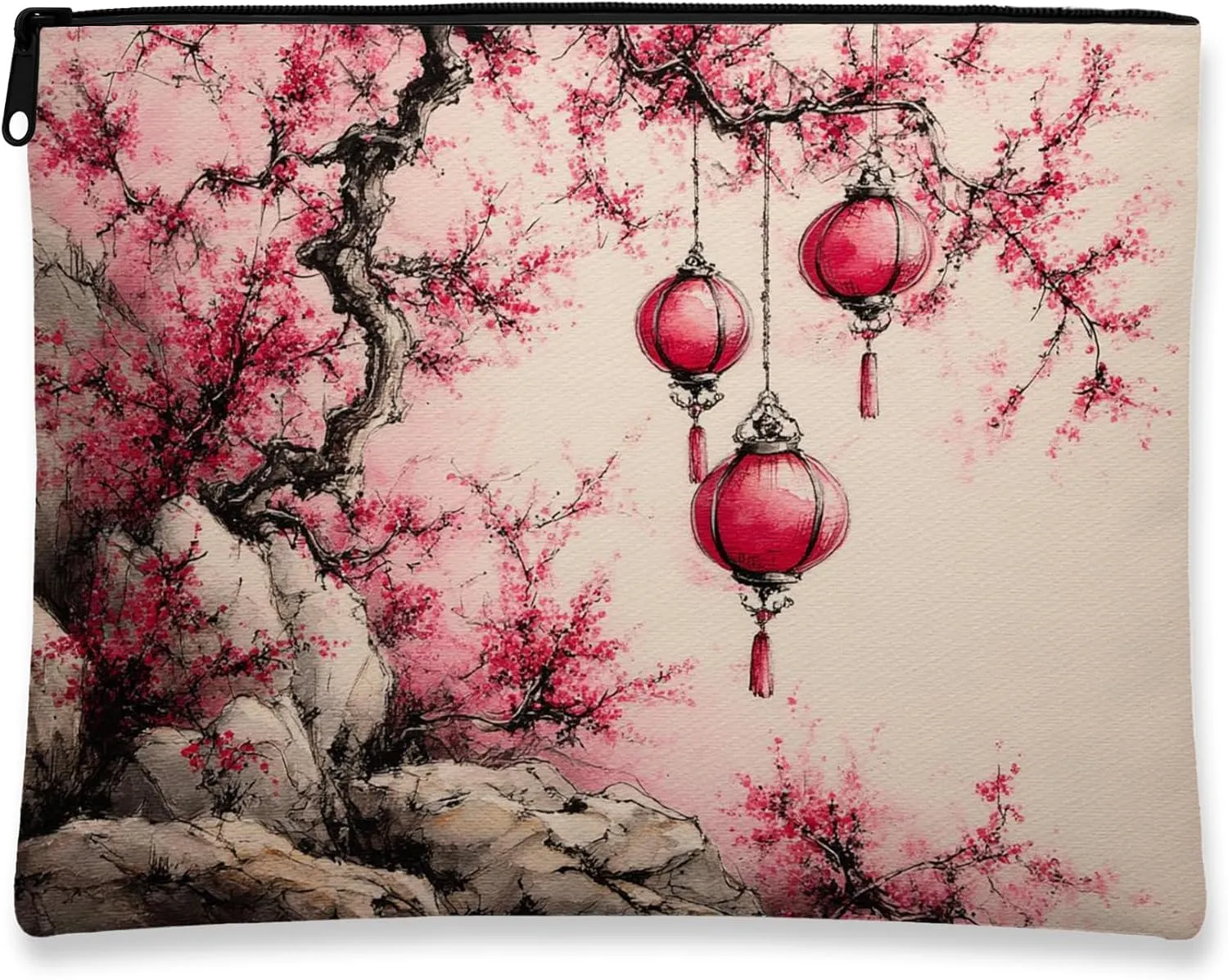 Cherries Blossom Cosmetic Bag, Red Lanterns Asian Art Makeup Travel Pouch for Women, Portable Small Canvas Zipper Organizer, Spring Festival Gift Toiletry Bag 7x9 Inch