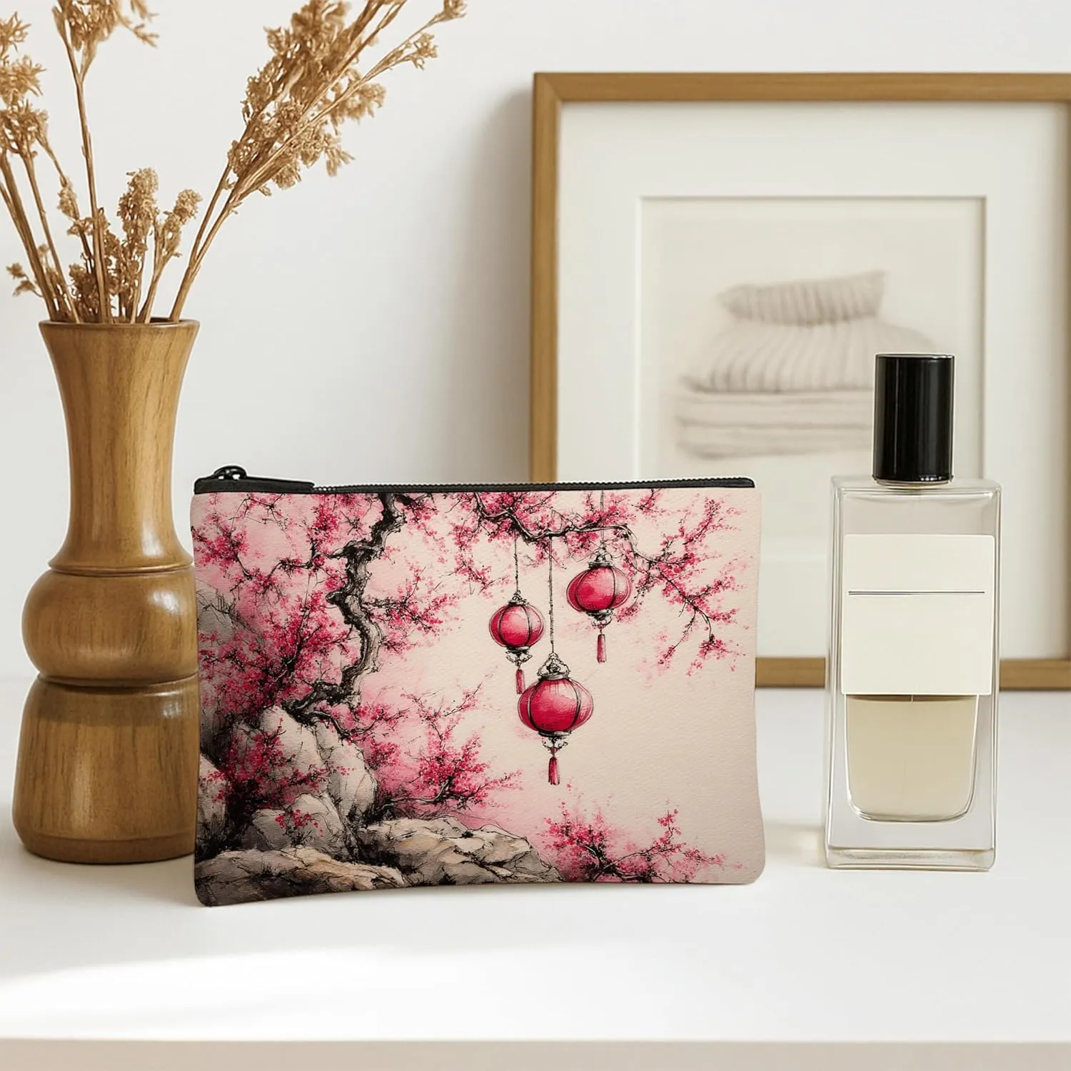 Cherries Blossom Cosmetic Bag, Red Lanterns Asian Art Makeup Travel Pouch for Women, Portable Small Canvas Zipper Organizer, Spring Festival Gift Toiletry Bag 7x9 Inch