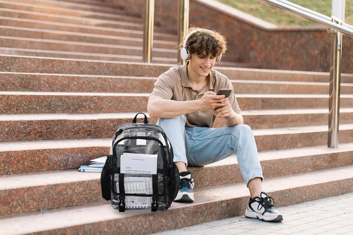Clear Backpack, Large Clear Bag Stadium Heavy Duty PVC Transparent See Through Backpacks for Boys Girls, College, Work, Gray