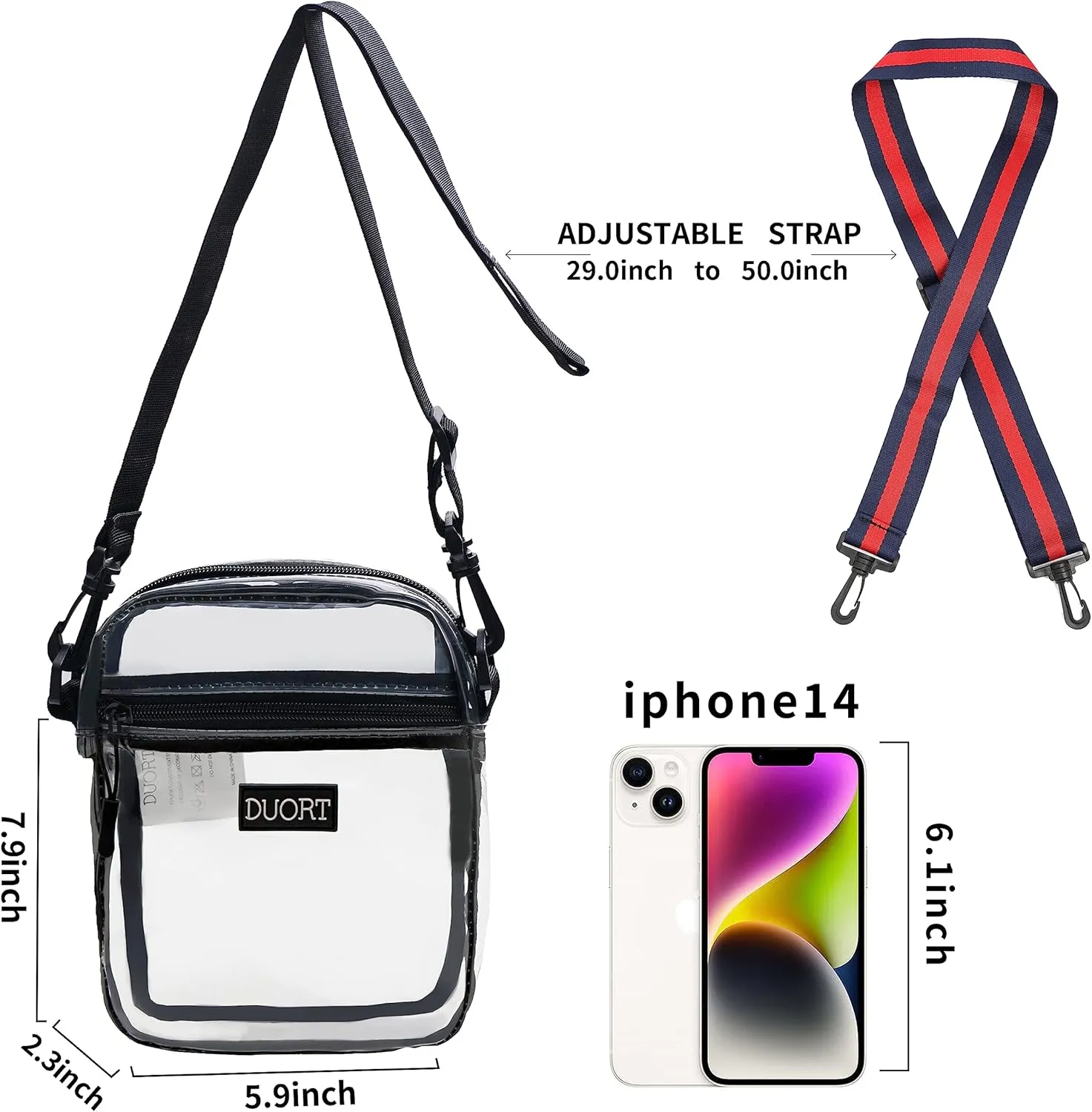 Clear Bag Stadium Approved, TPU Clear Purses Inside PocketCrossbody Bag Adjustable Strap for ConcertSporting Events