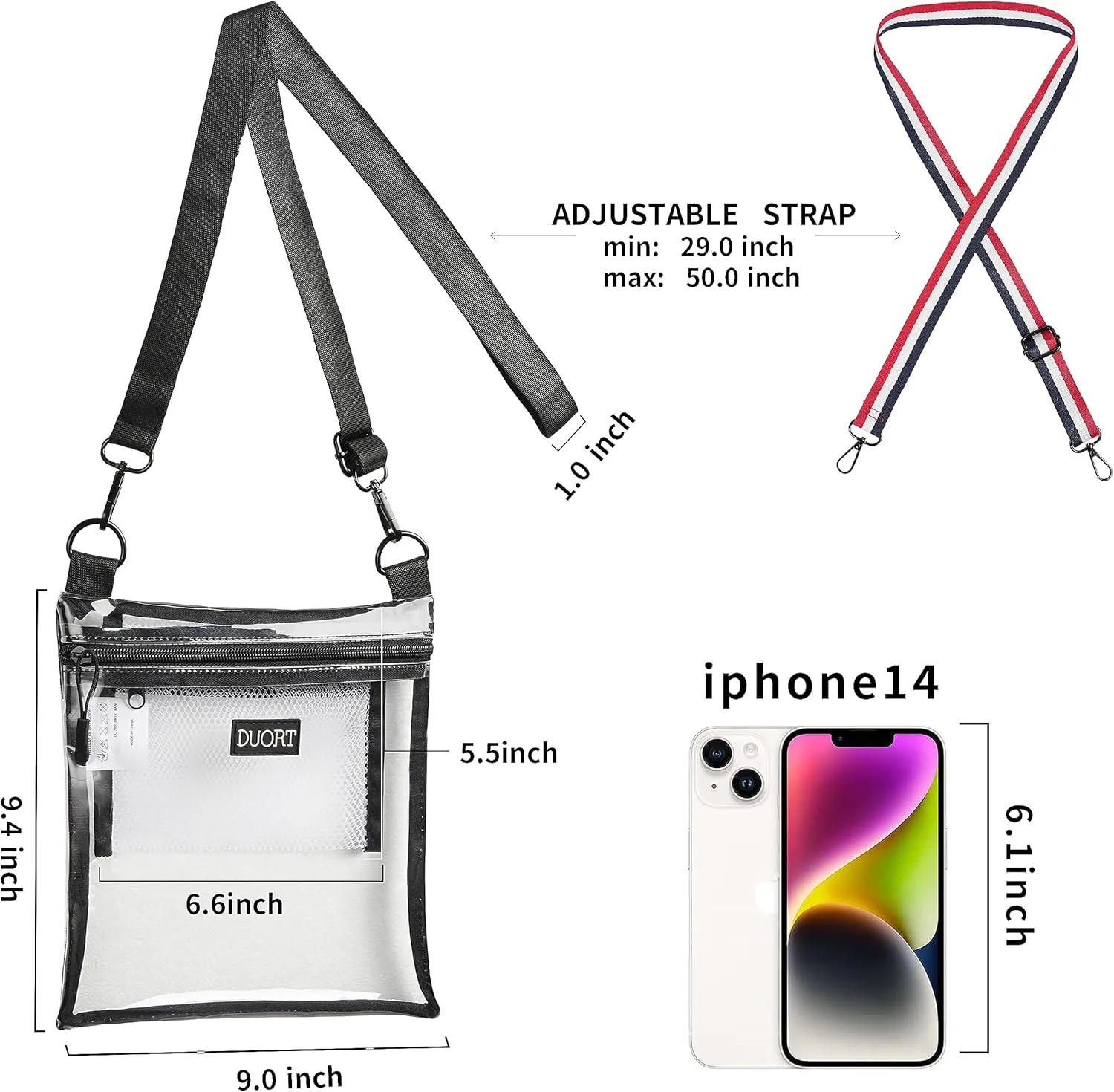 Clear Bag Stadium Approved, TPU Clear Purses Inside PocketCrossbody Bag Adjustable Strap for ConcertSporting Events