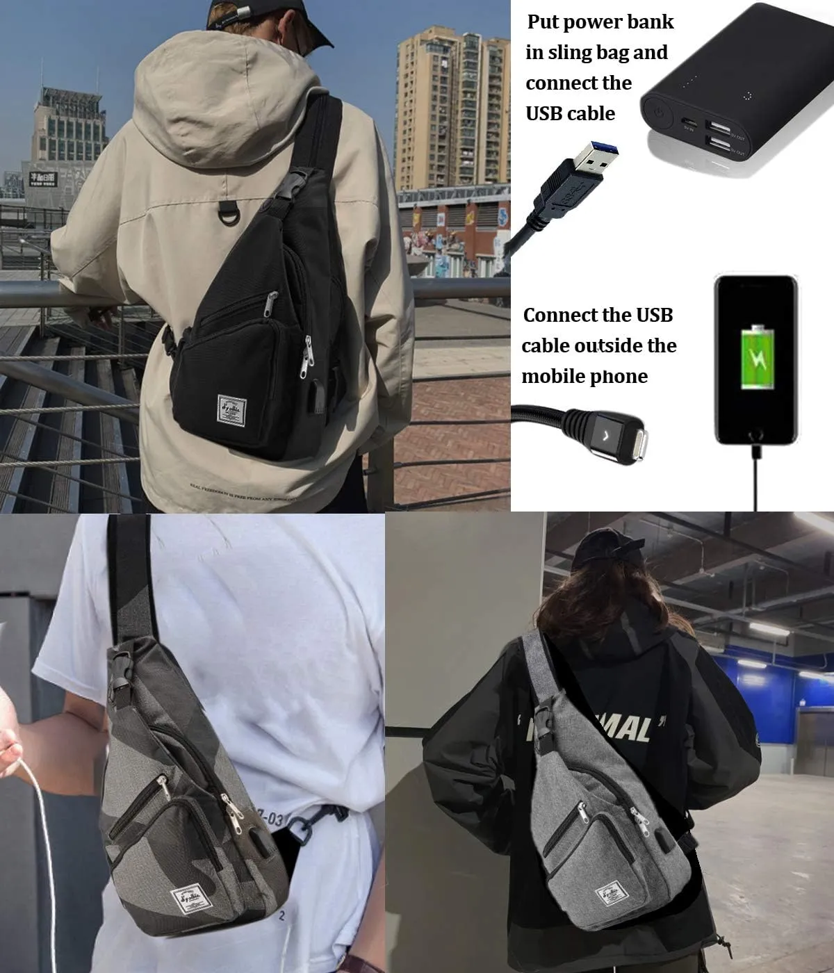 d'yallee 15.4" Sling Bag for Men Crossbody Shoulder Chest Bags Nylon for Travel Gym Sport Hiking with USB Charger Port 