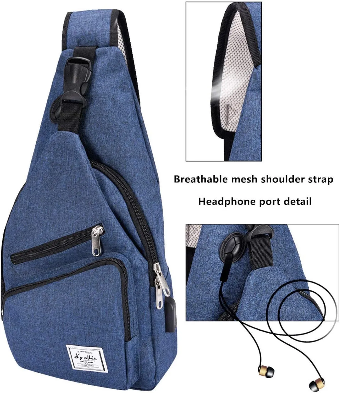 d'yallee 15.4" Sling Bag for Men Crossbody Shoulder Chest Bags Nylon for Travel Gym Sport Hiking with USB Charger Port 