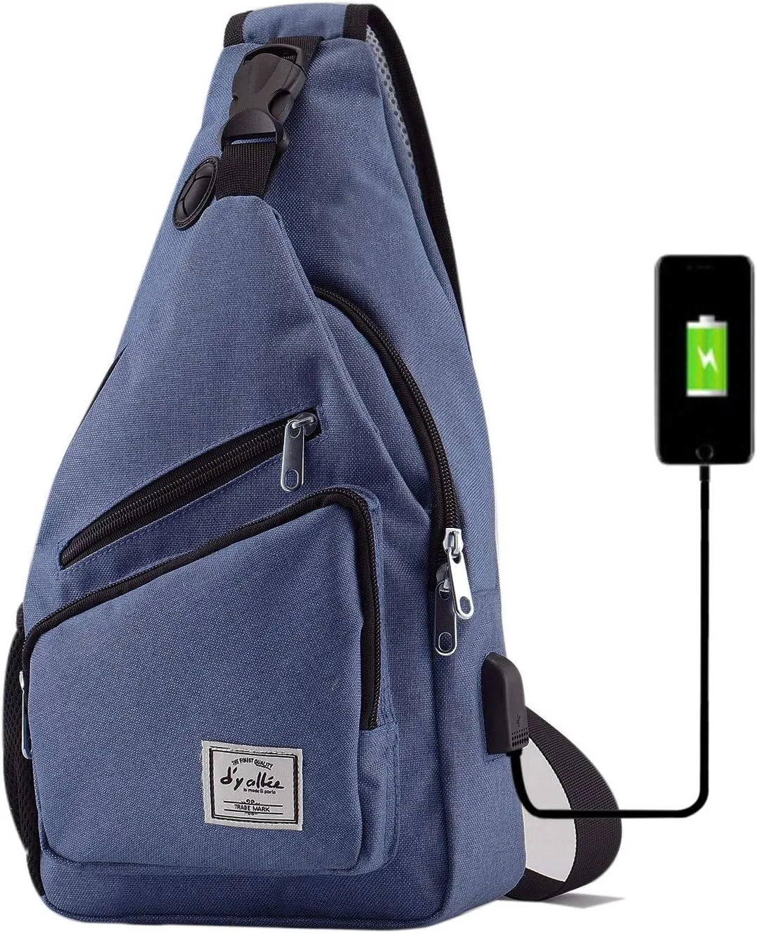 d'yallee 15.4" Sling Bag for Men Crossbody Shoulder Chest Bags Nylon for Travel Gym Sport Hiking with USB Charger Port 