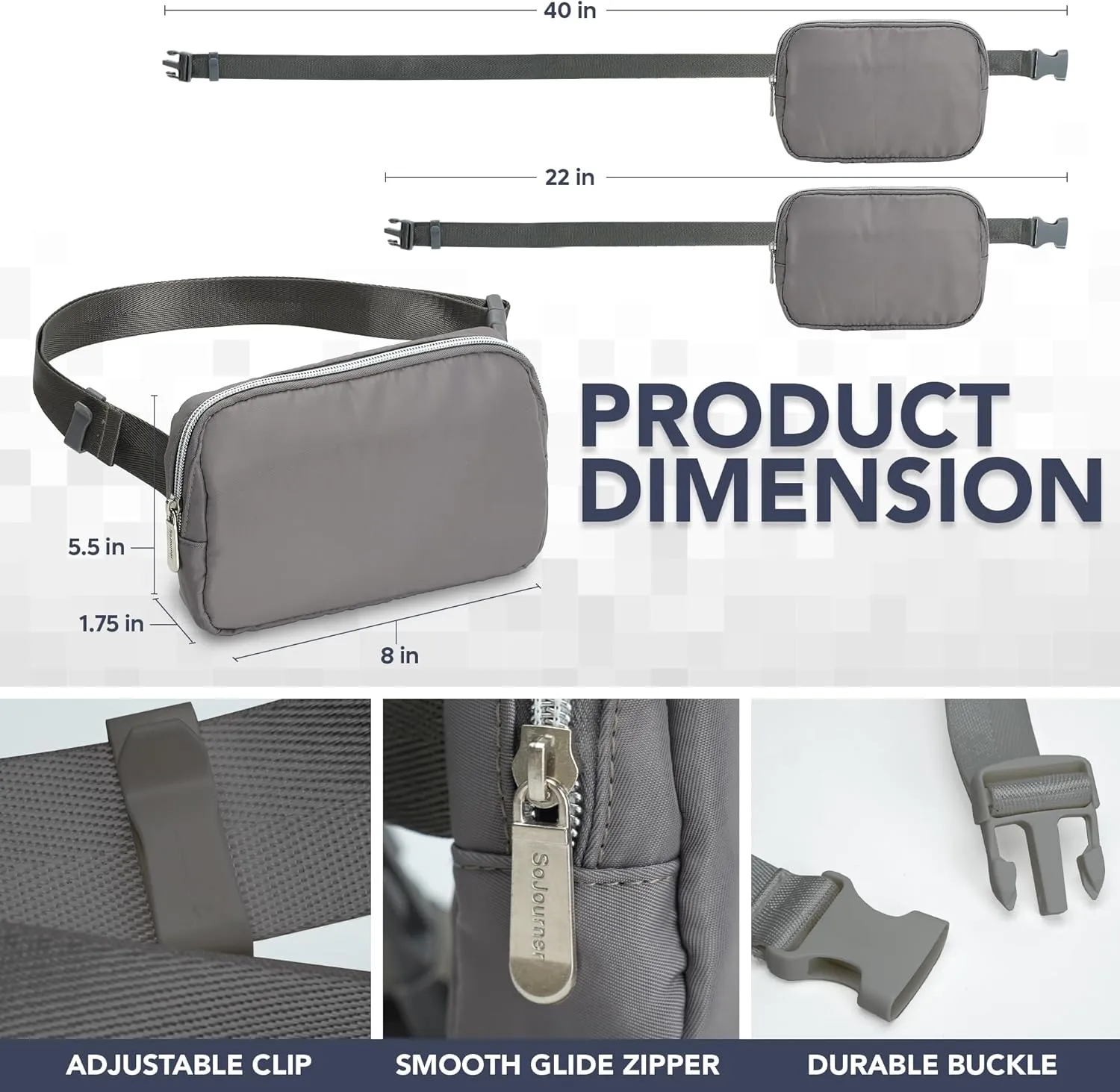 Gray Fanny Pack Belt Bag for Women I Cross Body Fanny Packs for Women - Crossbody Bags small Waist Bag Men - Fashion Waist Pack Bum Bag - Hands Free for Hiking, Running & Travel