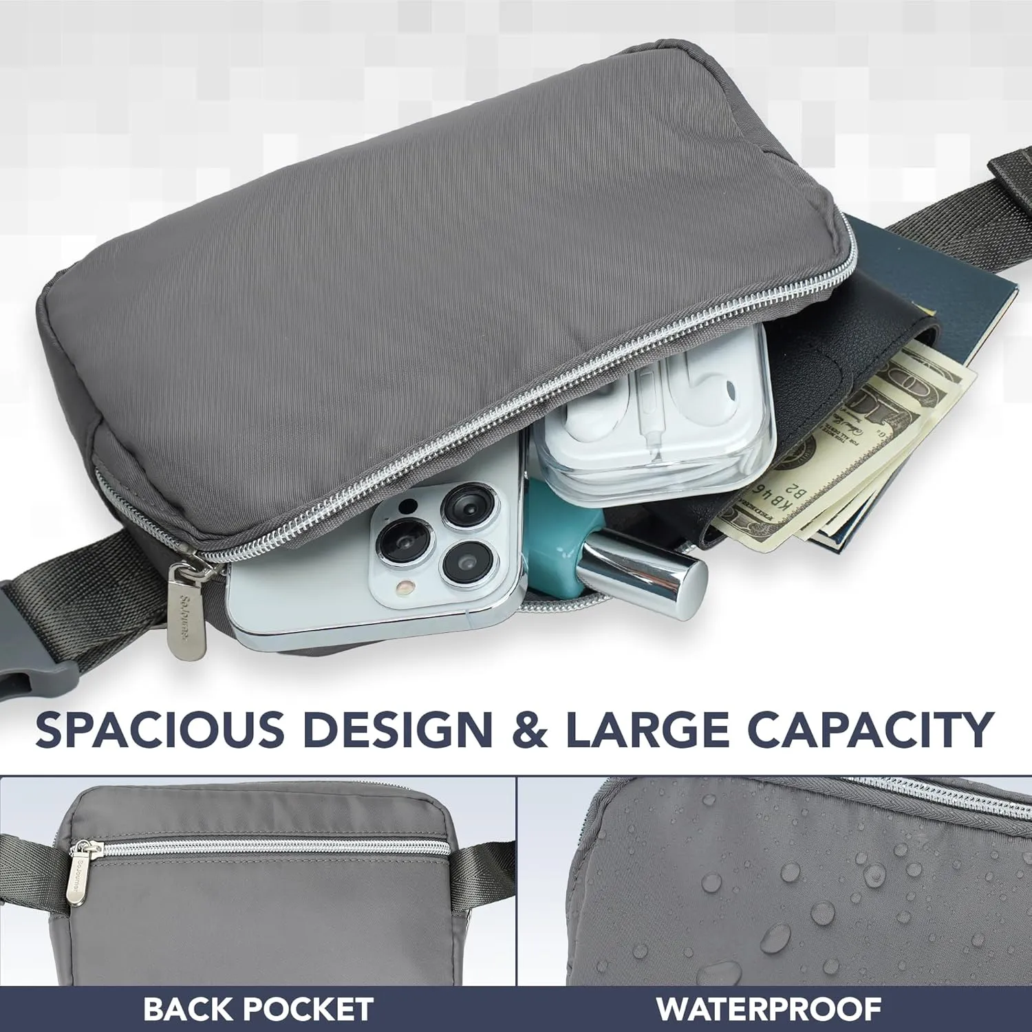Gray Fanny Pack Belt Bag for Women I Cross Body Fanny Packs for Women - Crossbody Bags small Waist Bag Men - Fashion Waist Pack Bum Bag - Hands Free for Hiking, Running & Travel