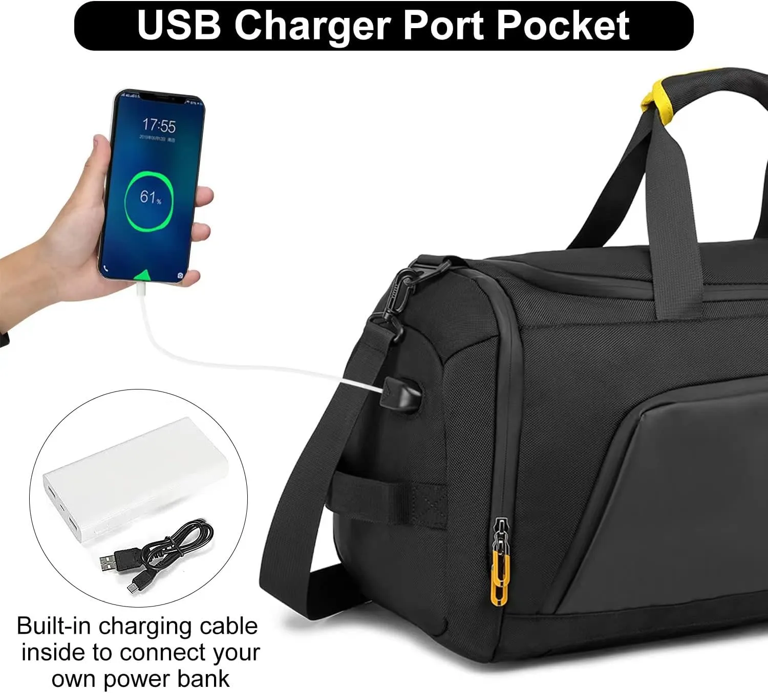 Gym Duffle Bag for Men Women, Travel Duffel Bag Backpack with Shoe Compartment & Wet Pocket, 50L Waterproof Sports Overnight Weekender Bag with USB Port, Black