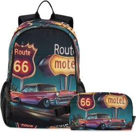 Kids Backpack Motel Route 66 School Bookbag with Lunch Bag for Boys Girls Preschool Kindergarten Elementary Laptop Daypack