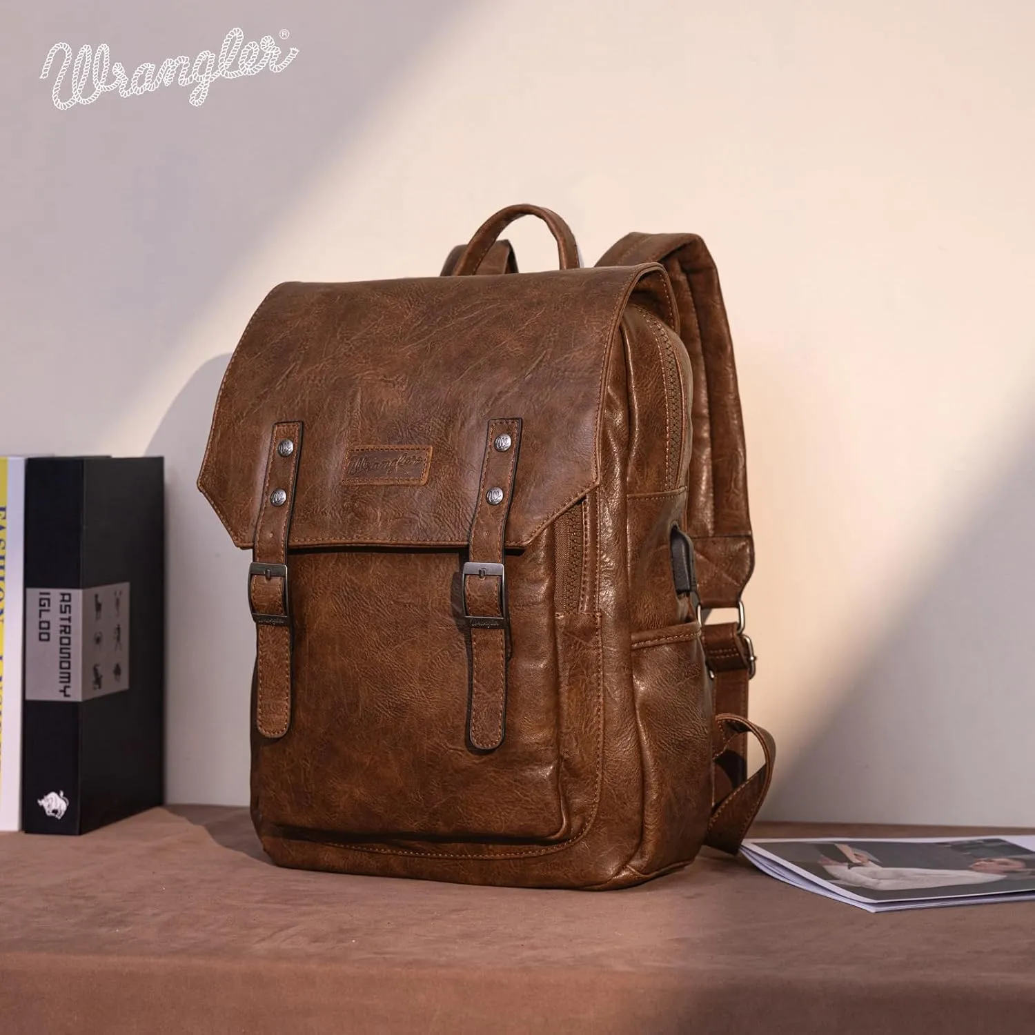 Montana West  Wrangler Brown Leather Laptop Backpack for Women Men Unisex Fashion Backpack Purse