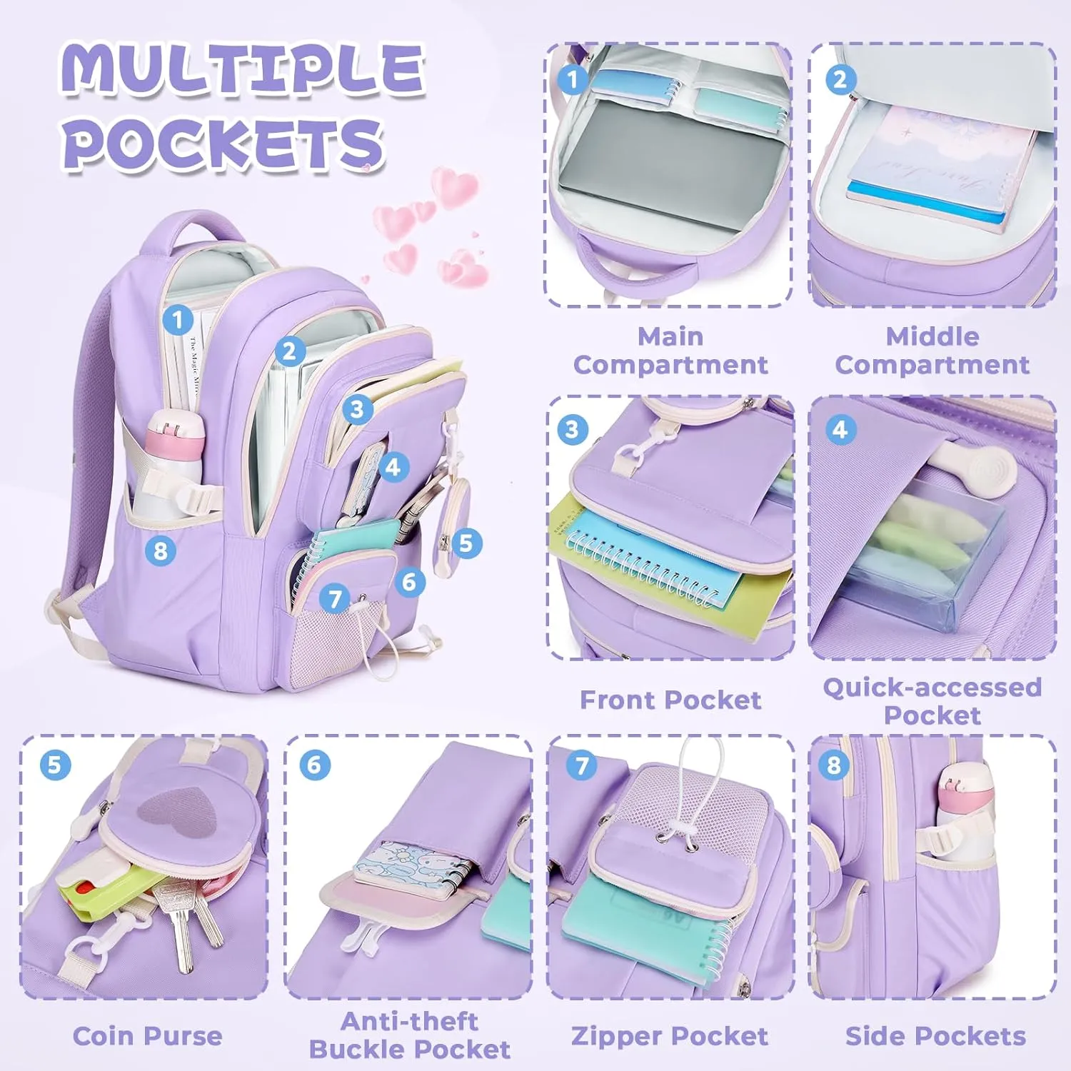 MOONBABY Girls Backpack, Kids Backpack for Girls, School bag for Primary Elementary Teenage, Middle School Students Bookbag