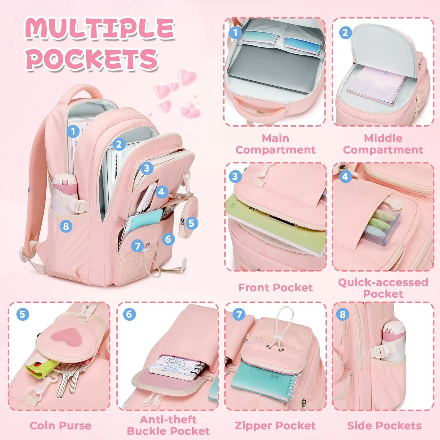 MOONBABY Girls Backpack, Kids Backpack for Girls, School bag for Primary Elementary Teenage, Middle School Students Bookbag