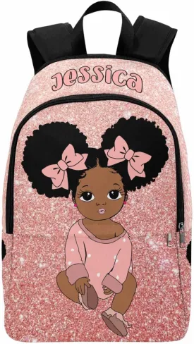 Personalized Casual Unisex Daypack Bags Pink Glitter Drops Backpack Afro Princess Initials Name Multifunction Travel Back Pack