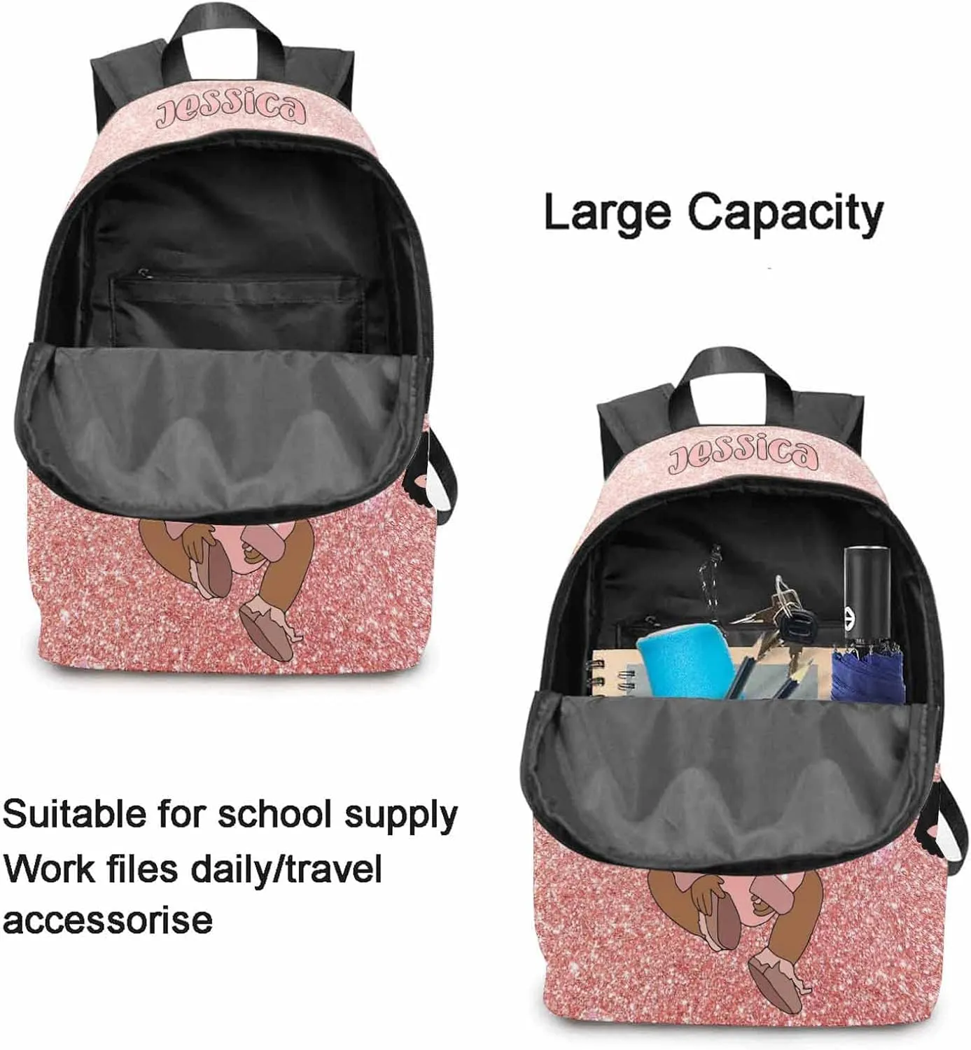 Personalized Casual Unisex Daypack Bags Pink Glitter Drops Backpack Afro Princess Initials Name Multifunction Travel Back Pack