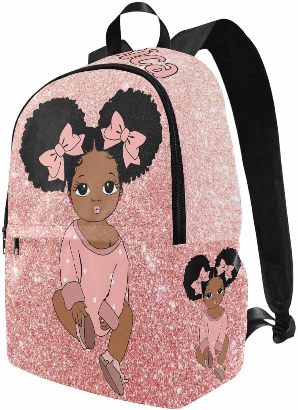 Personalized Casual Unisex Daypack Bags Pink Glitter Drops Backpack Afro Princess Initials Name Multifunction Travel Back Pack