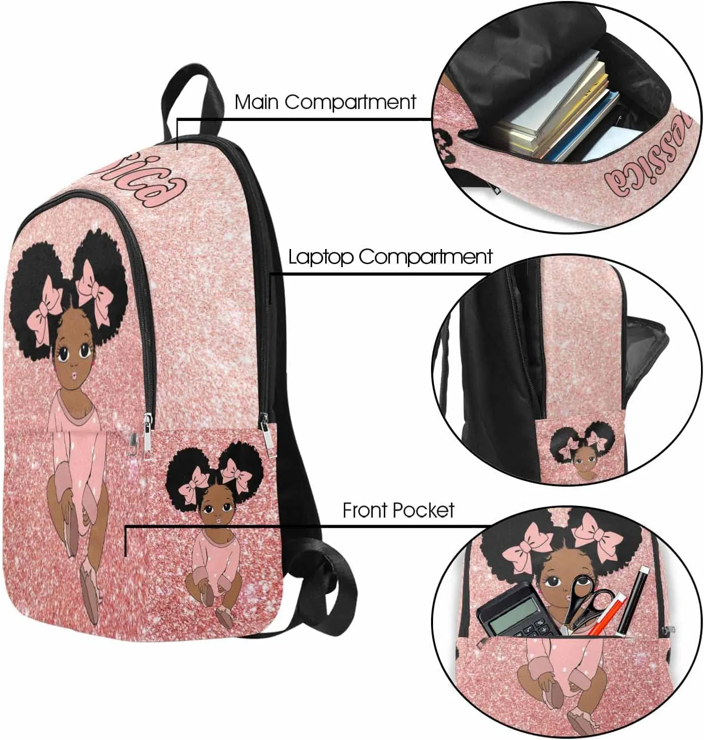 Personalized Casual Unisex Daypack Bags Pink Glitter Drops Backpack Afro Princess Initials Name Multifunction Travel Back Pack