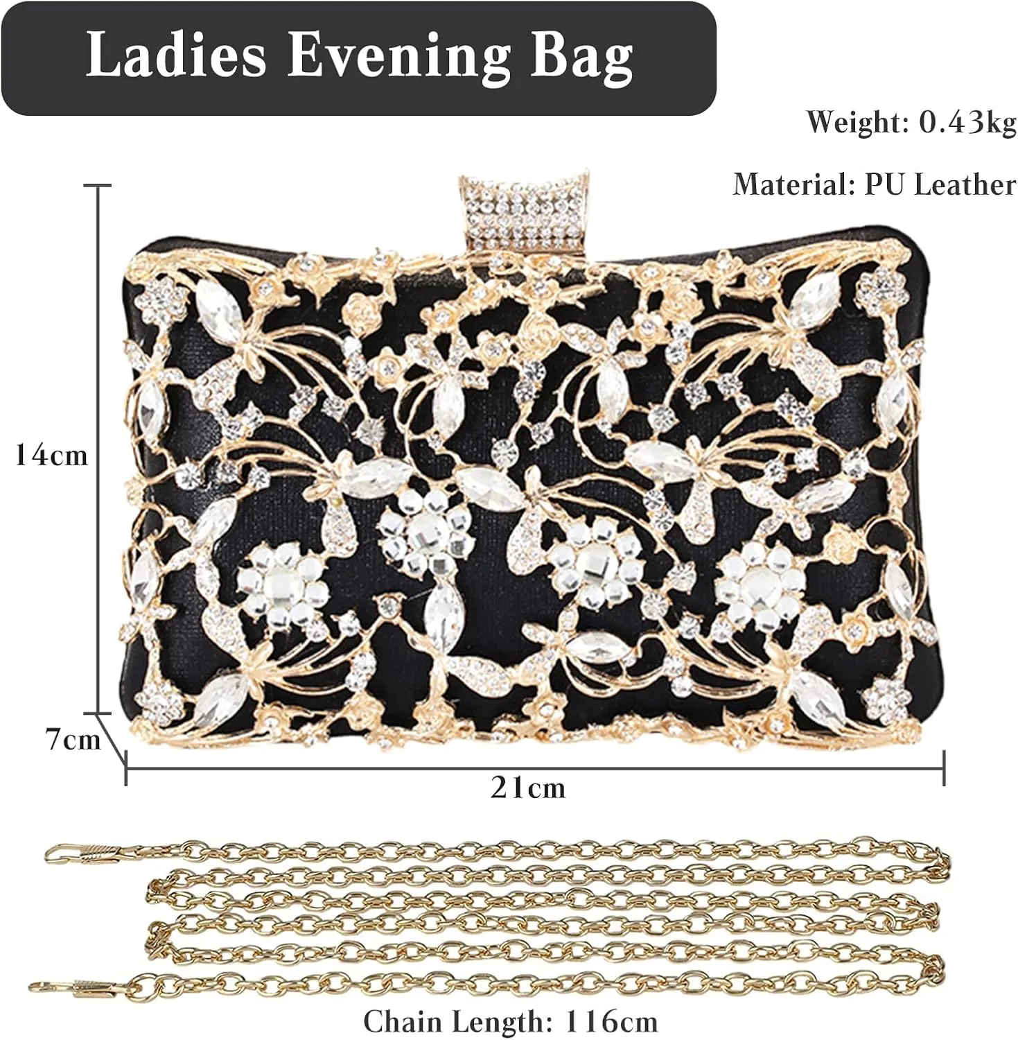 Rhinestone Evening Bag for Women Crystal Clutch Bag Sparkly Sequin Glitter Handbag Floral Shoulder Bag