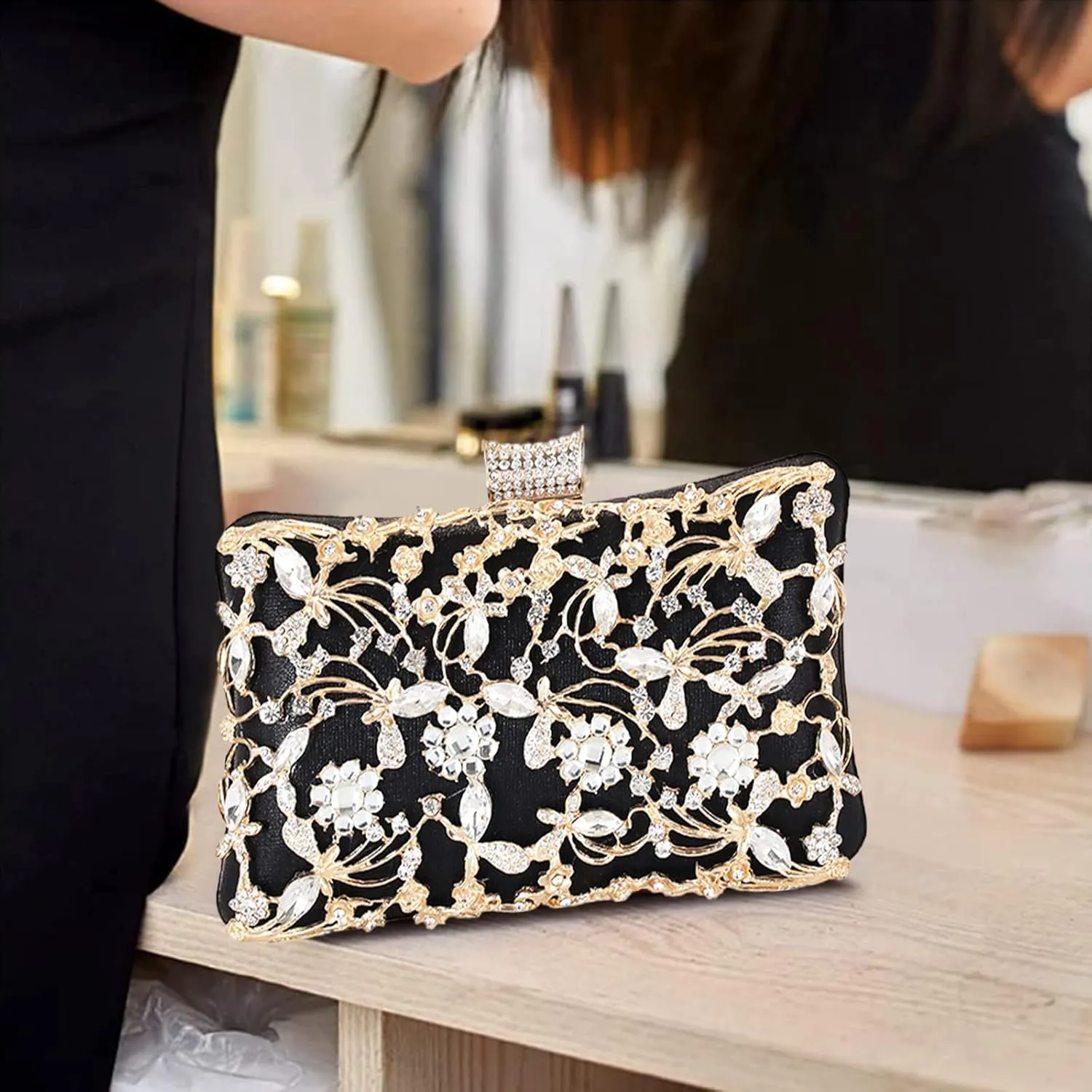Rhinestone Evening Bag for Women Crystal Clutch Bag Sparkly Sequin Glitter Handbag Floral Shoulder Bag