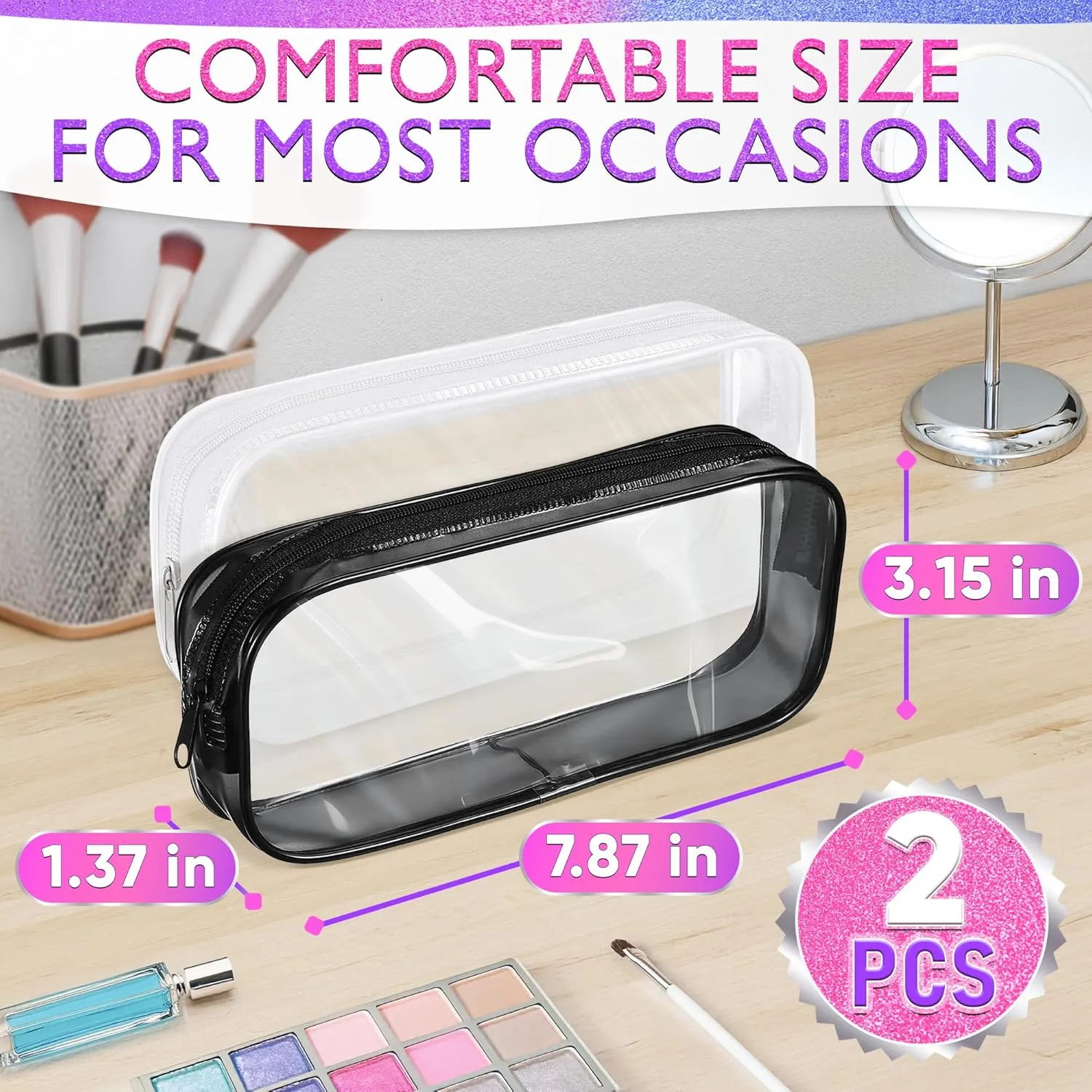 Small Makeup Bag for Purse  2 Pcs Clear Zipper Pouches, Soft, Elastic, Waterproof Plastic Small Cosmetic Bag for Purse, Space-Efficient, Stylish Design  Great for Organizing Essentials on the Go