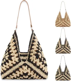 Summer Straw Bag for Women, Medium Beach Purse for Hand Woven, Vintage Straw Top Handle Bags, Wicker Handbag for Vacation