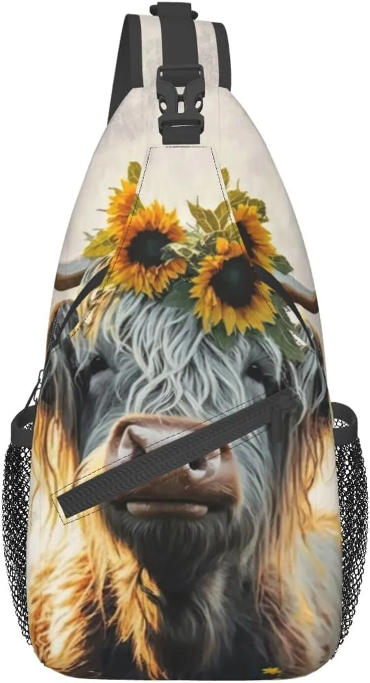 Sunflower Highland-Cow Outdoor Cross-body Shoulder Bag, Unisex Backpack For Women Men Young Hiking Travel
