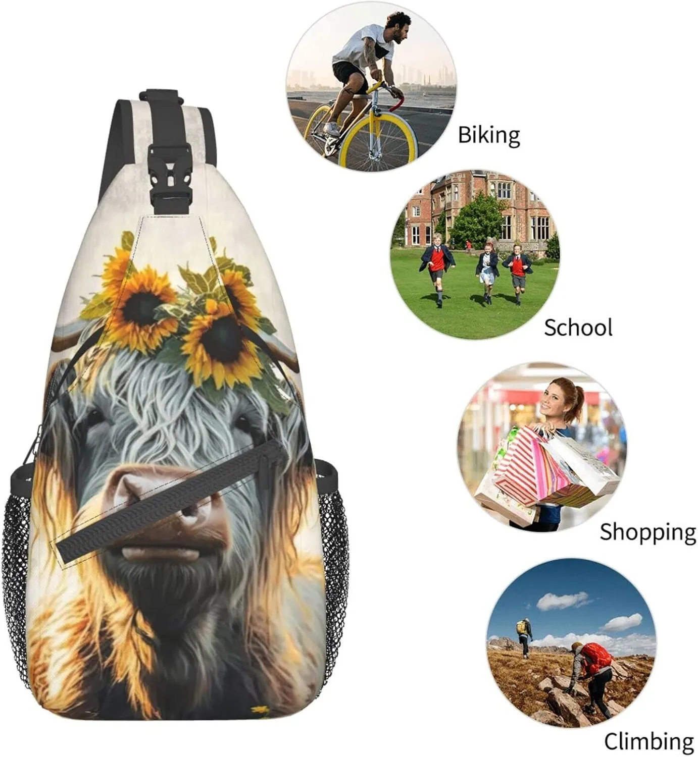 Sunflower Highland-Cow Outdoor Cross-body Shoulder Bag, Unisex Backpack For Women Men Young Hiking Travel
