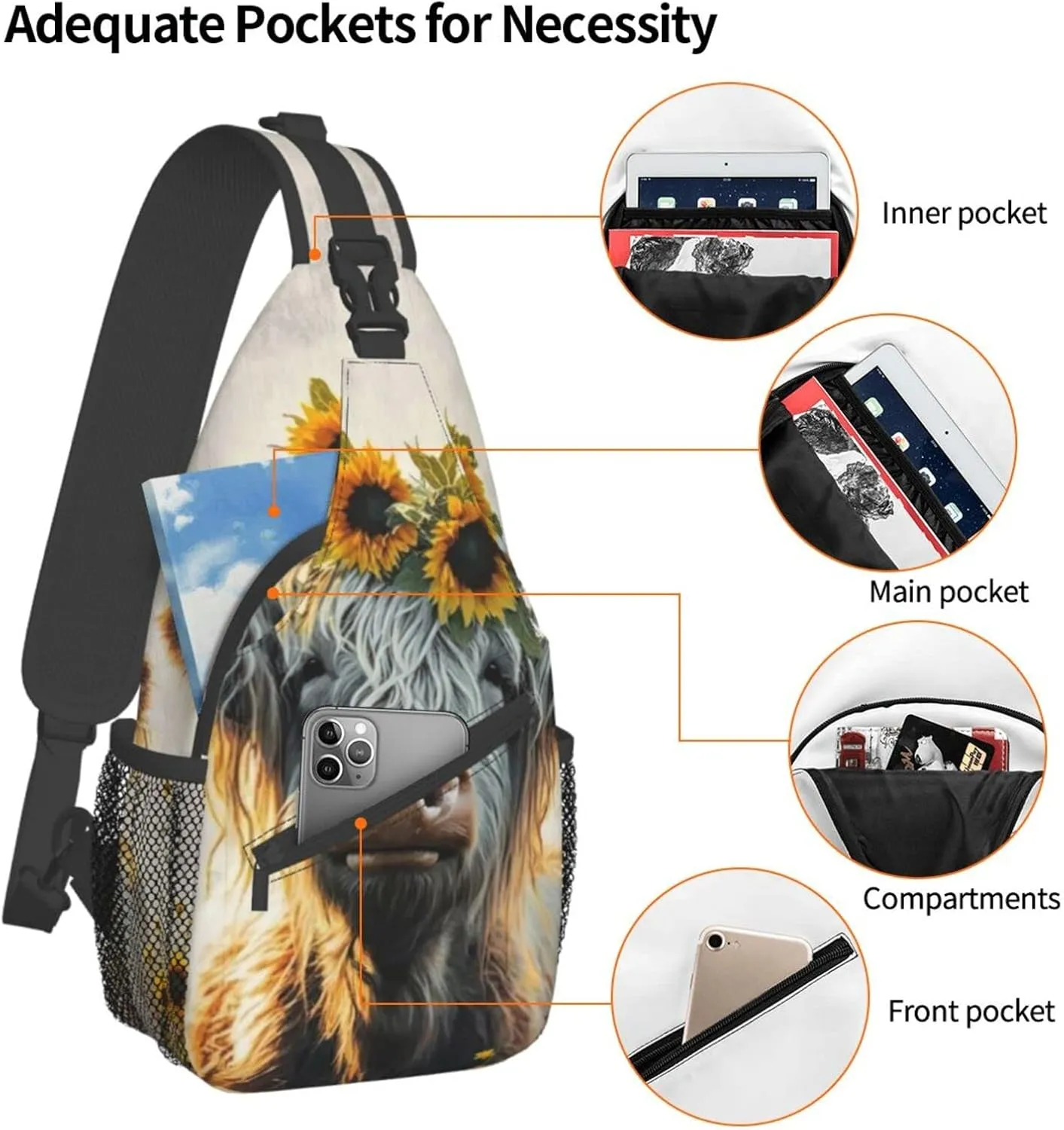 Sunflower Highland-Cow Outdoor Cross-body Shoulder Bag, Unisex Backpack For Women Men Young Hiking Travel