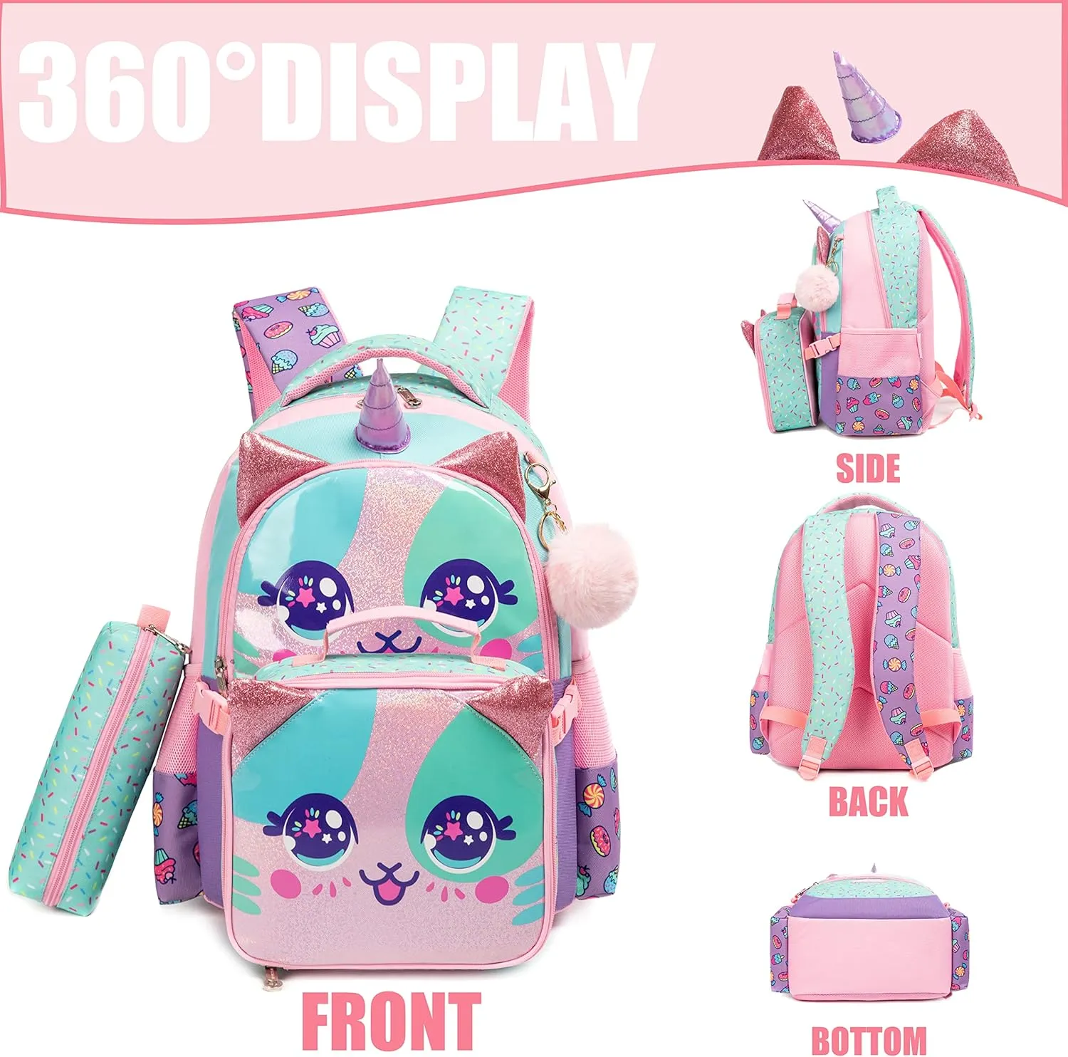 Unicorn Kids Backpacks for Girls School Bag with Lunch Box School Backpack for Girls Set Cute Bookbag for Kindergarten