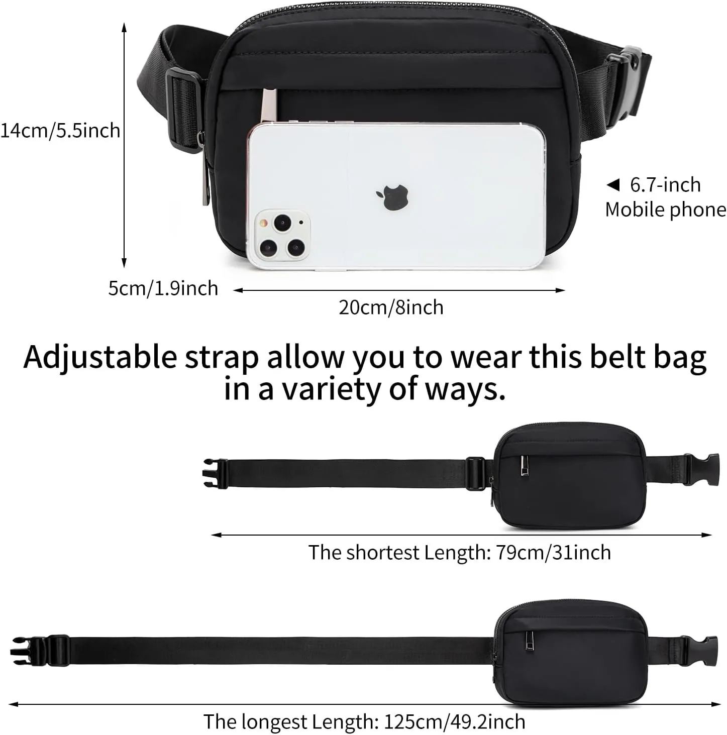 Unisex Belt Bag Fanny pack crossbody bags Everywhere Waist packs with Adjustable Strap (BLACK)