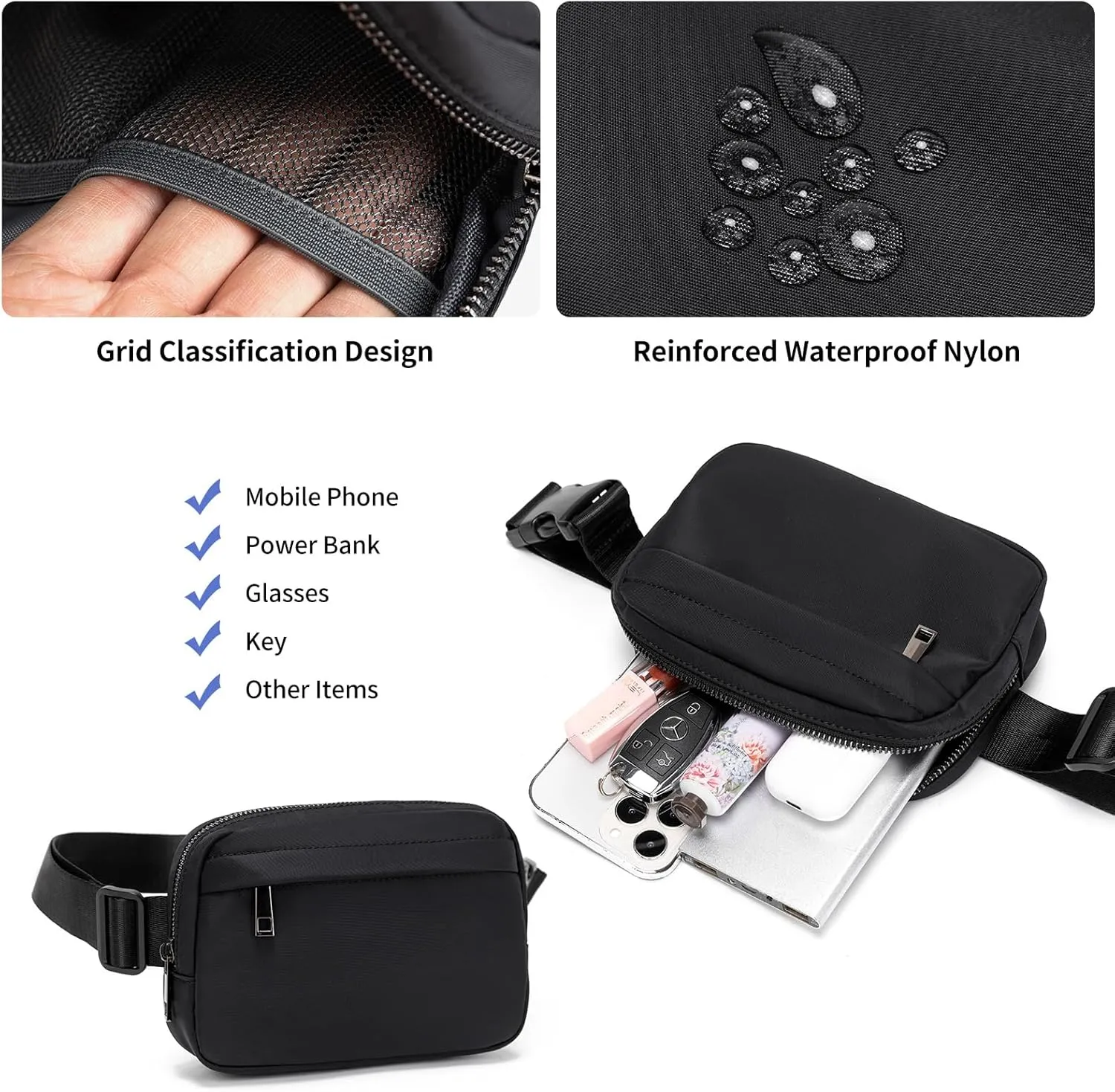 Unisex Belt Bag Fanny pack crossbody bags Everywhere Waist packs with Adjustable Strap (BLACK)