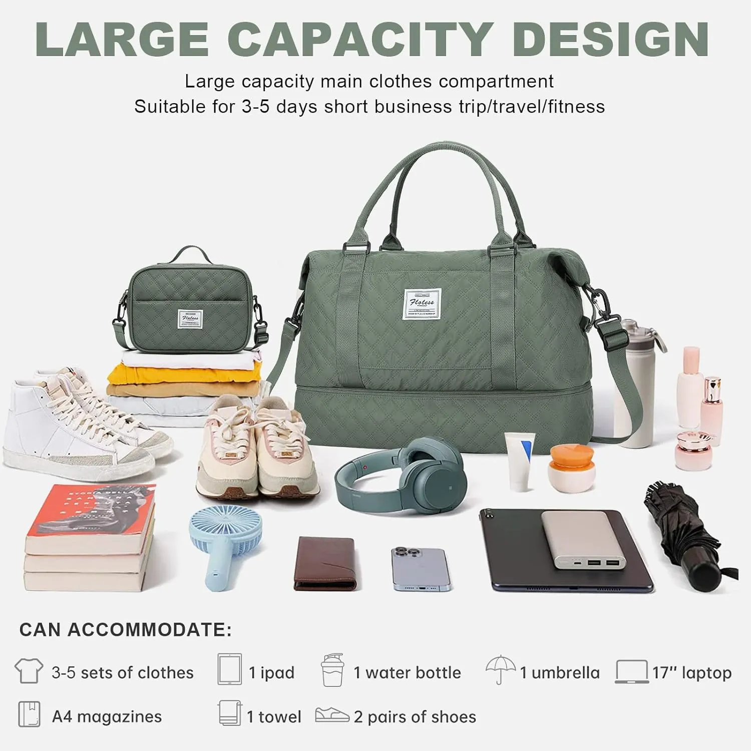 Weekender Bags for Women, Travel Duffel Bags with Shoe Compartment,Personal Item Travel Bag for Airlines, Carry on Overnight Tote Bag for Women with Toiletry BagGrid-Olive Green