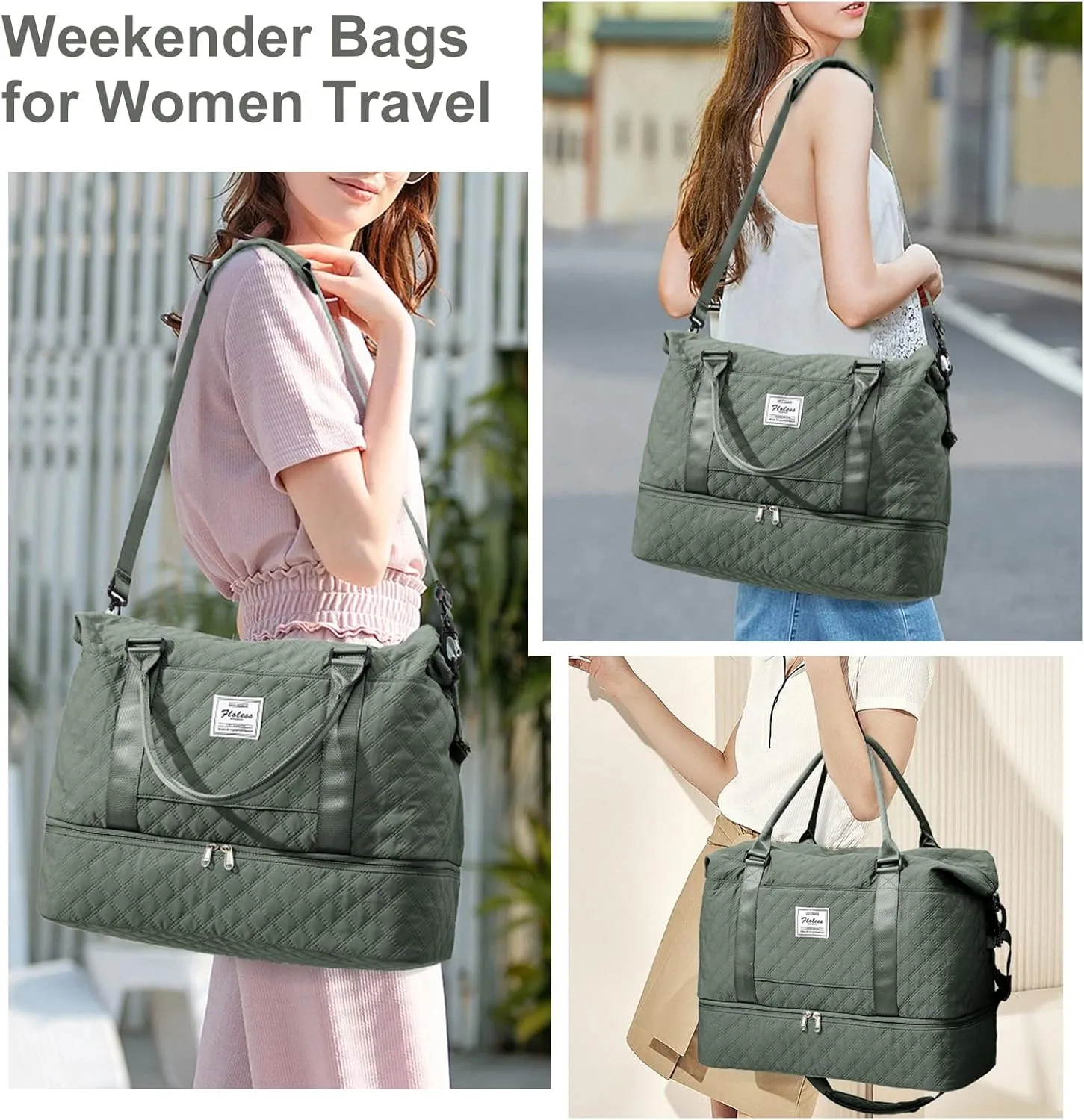 Weekender Bags for Women, Travel Duffel Bags with Shoe Compartment,Personal Item Travel Bag for Airlines, Carry on Overnight Tote Bag for Women with Toiletry BagGrid-Olive Green